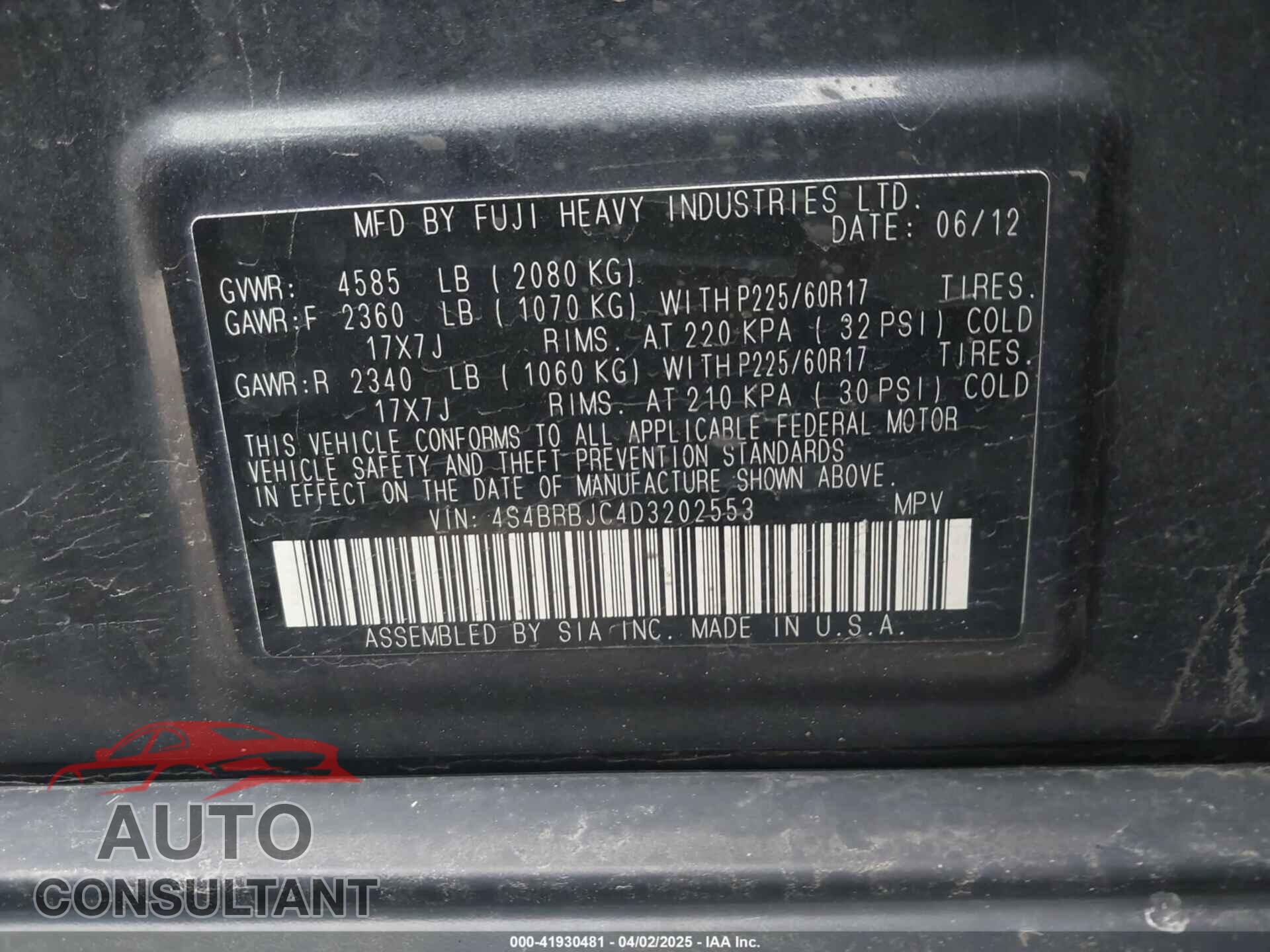 SUBARU OUTBACK 2013 - 4S4BRBJC4D3202553