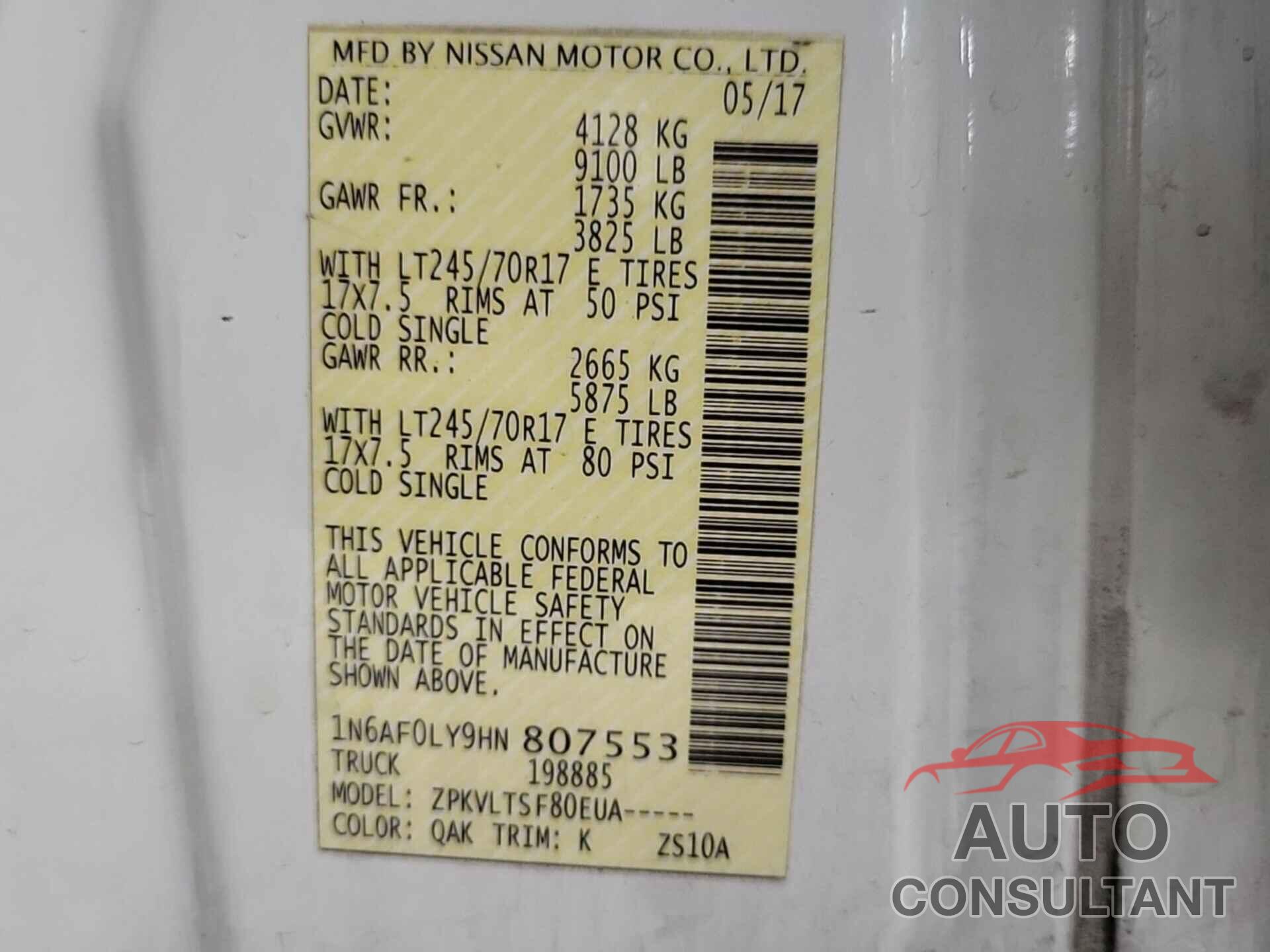 NISSAN NV 2017 - 1N6AF0LY9HN807553