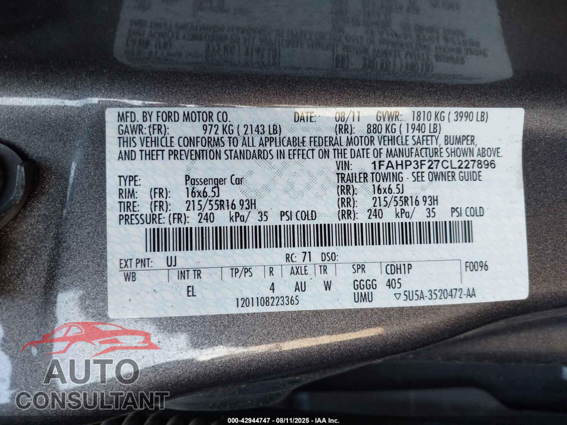 FORD FOCUS 2012 - 1FAHP3F27CL227896