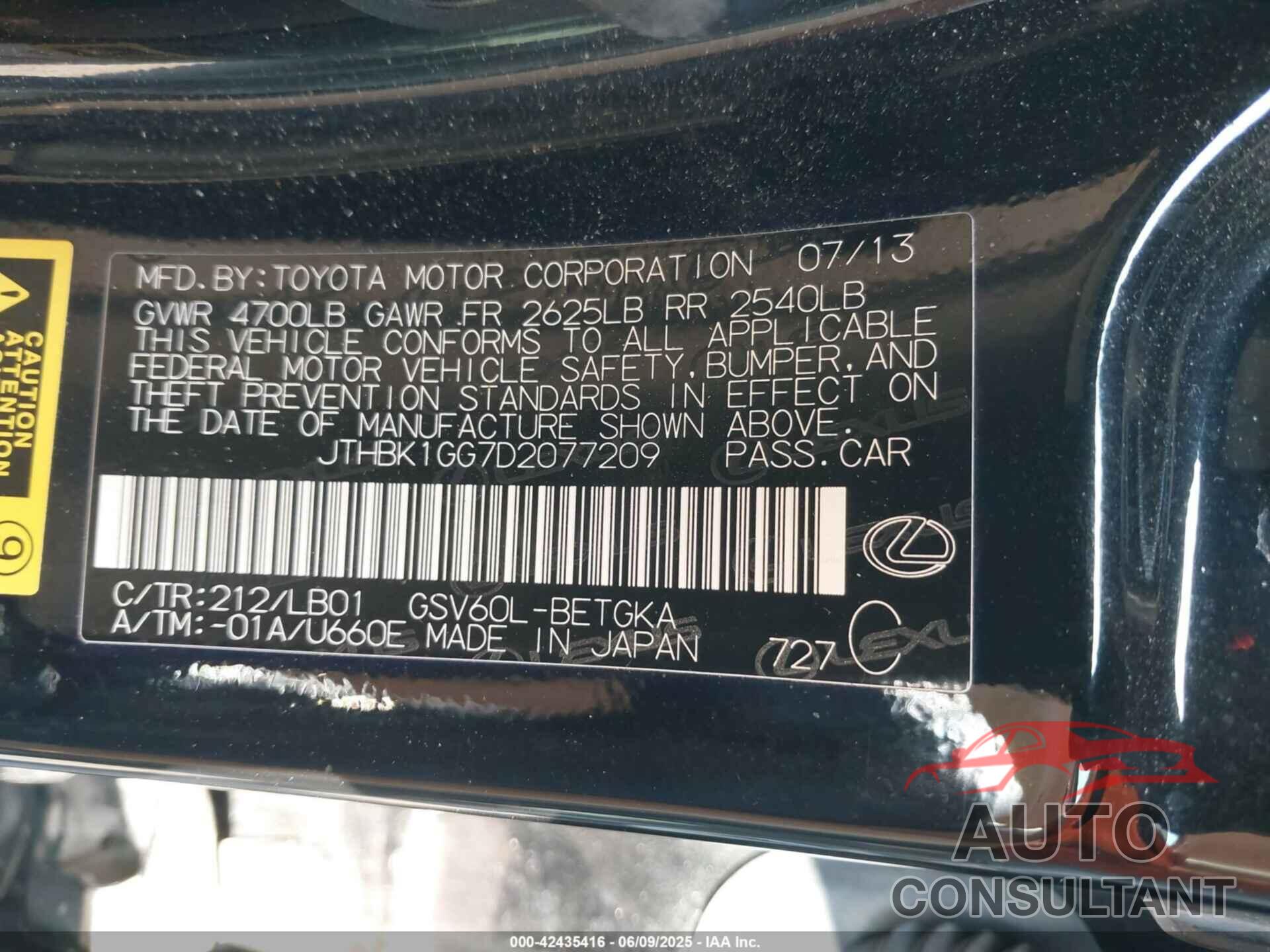 LEXUS ES 350 2013 - JTHBK1GG7D2077209
