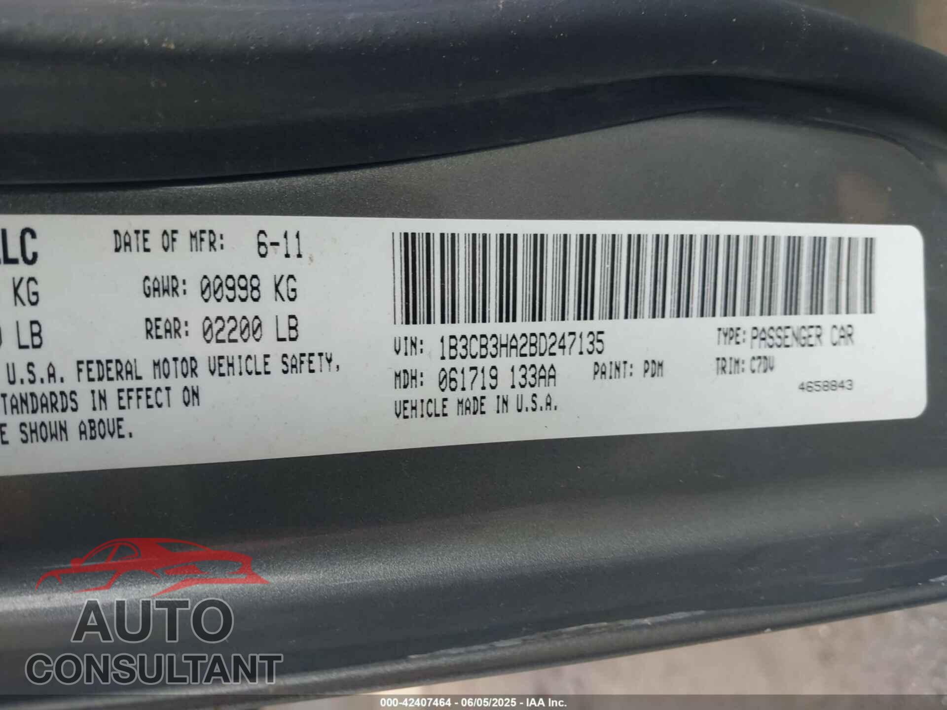 DODGE CALIBER 2011 - 1B3CB3HA2BD247135
