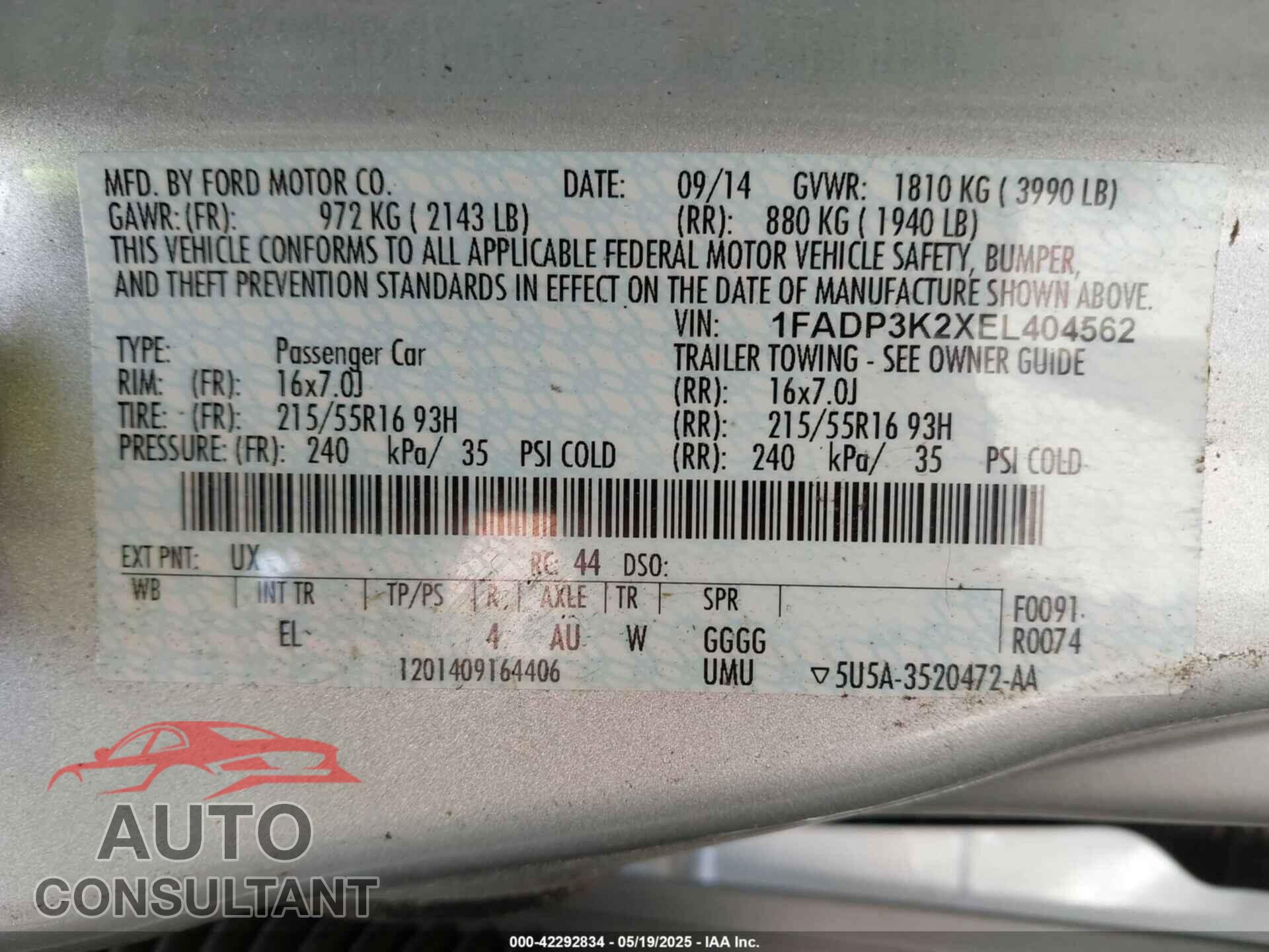 FORD FOCUS 2014 - 1FADP3K2XEL404562