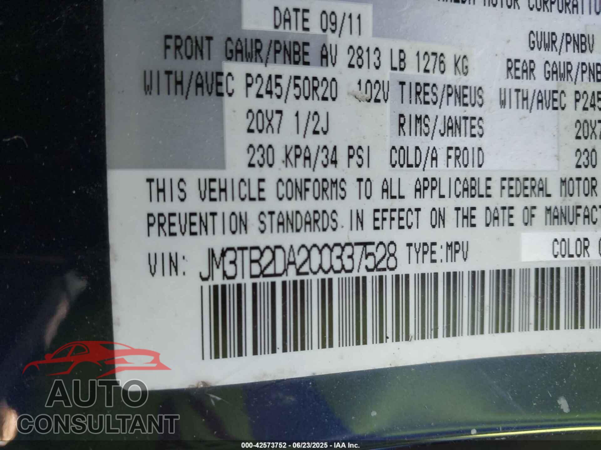 MAZDA CX-9 2012 - JM3TB2DA2C0337528