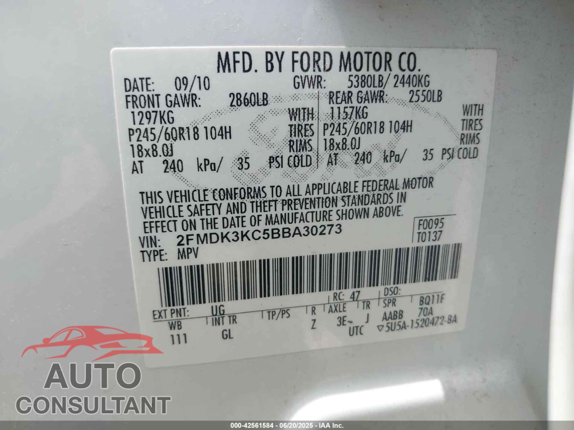 FORD EDGE 2011 - 2FMDK3KC5BBA30273