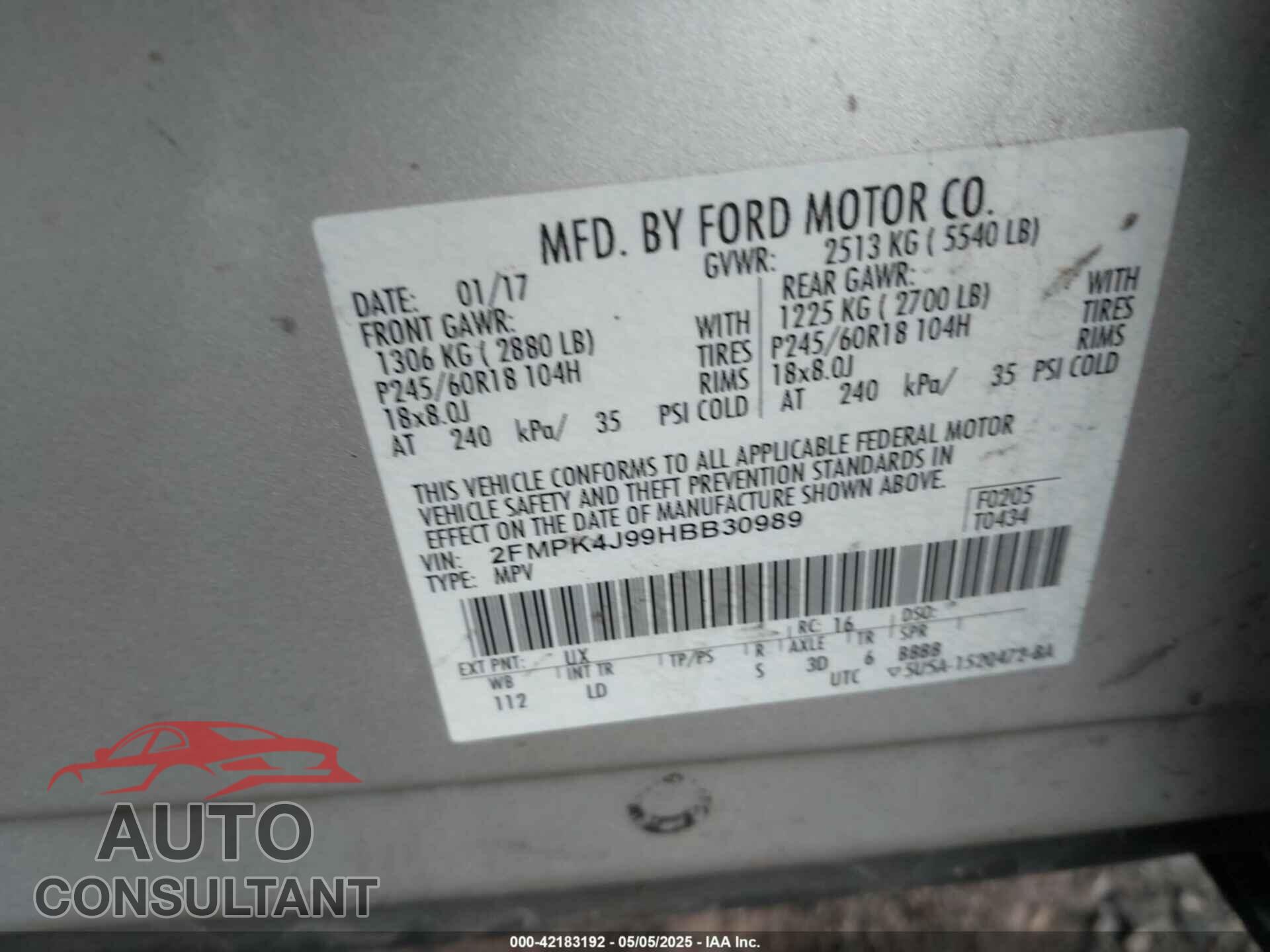 FORD EDGE 2017 - 2FMPK4J99HBB30989