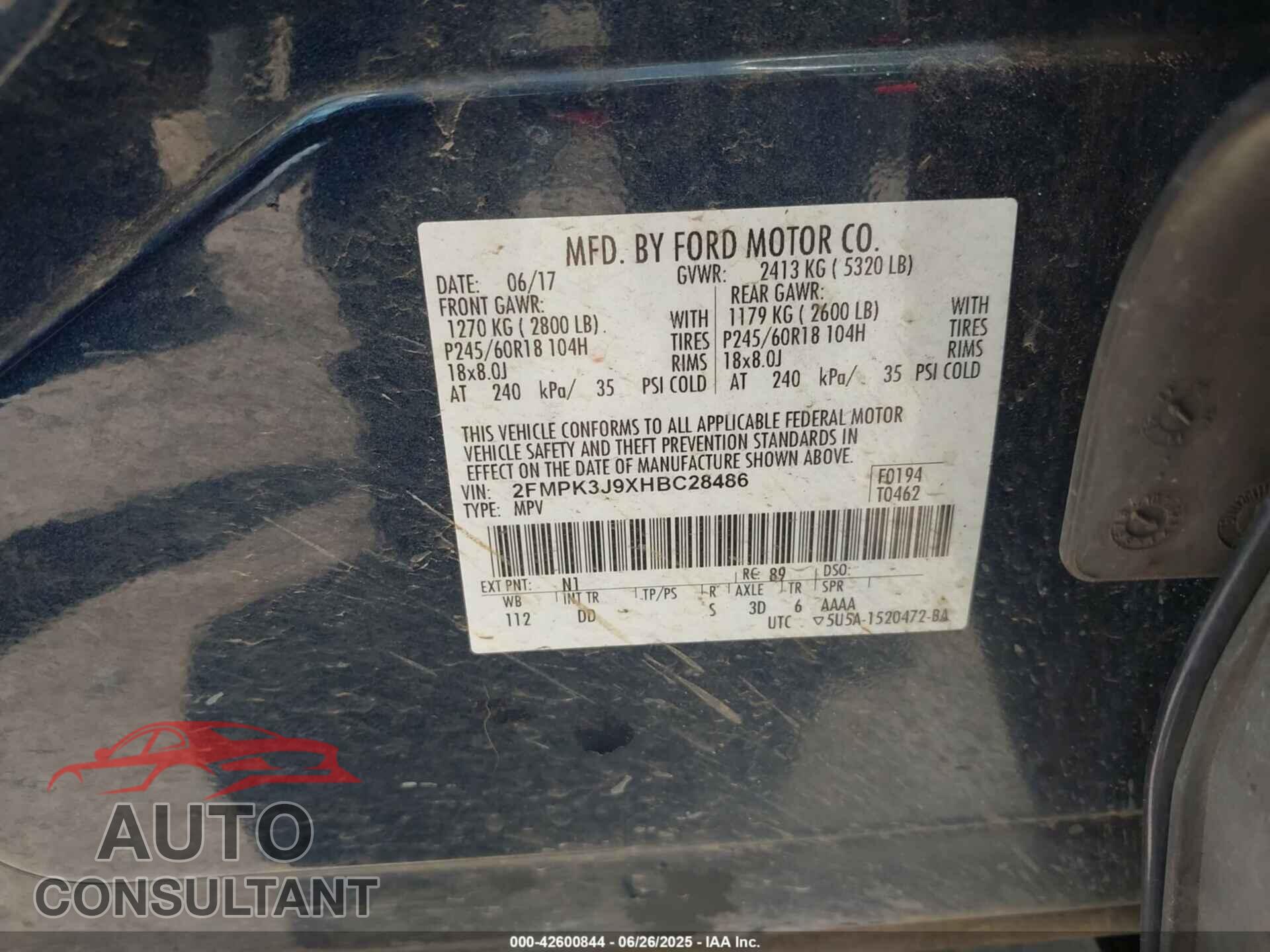 FORD EDGE 2017 - 2FMPK3J9XHBC28486