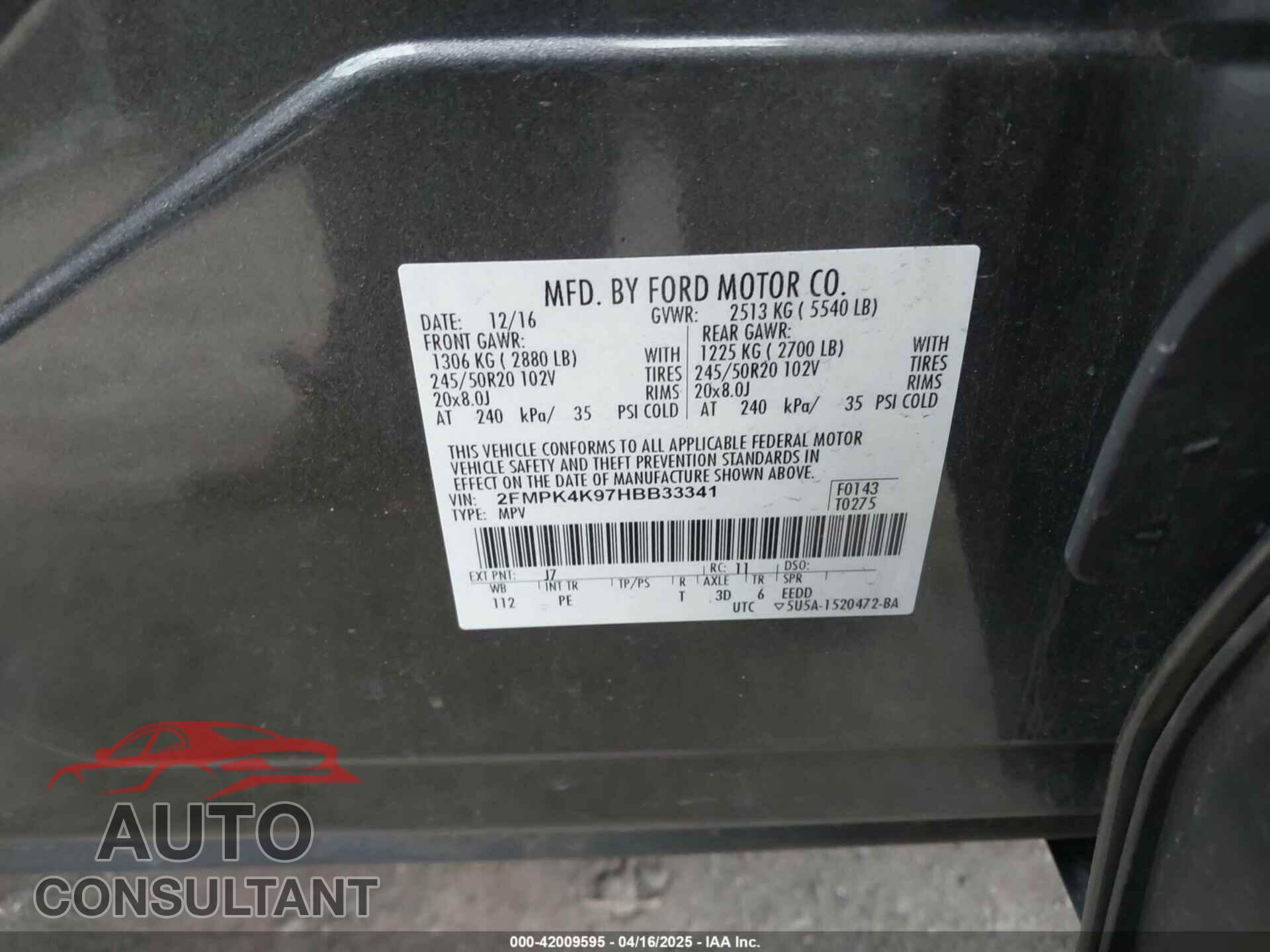 FORD EDGE 2017 - 2FMPK4K97HBB33341