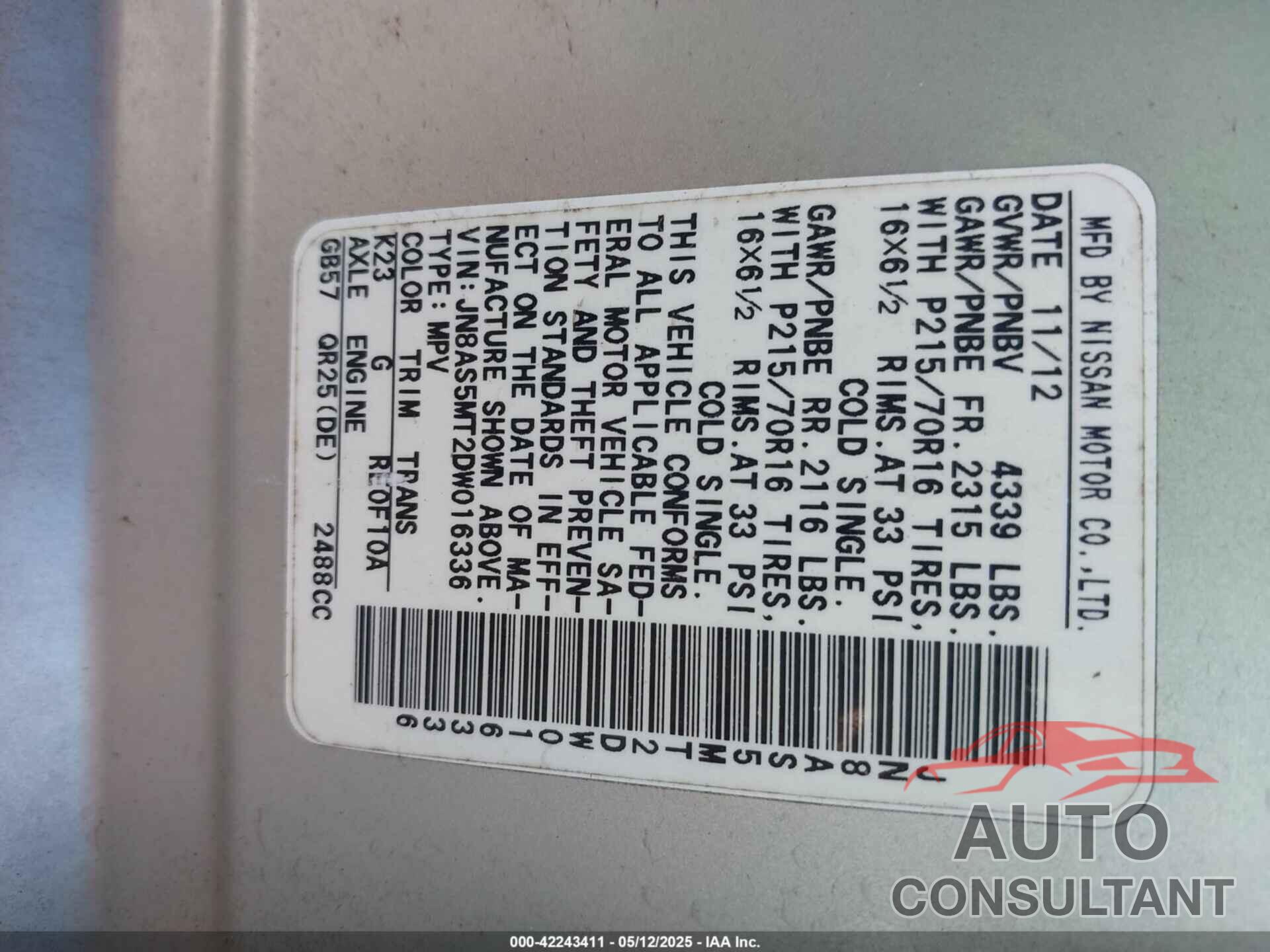 NISSAN ROGUE 2013 - JN8AS5MT2DW016336