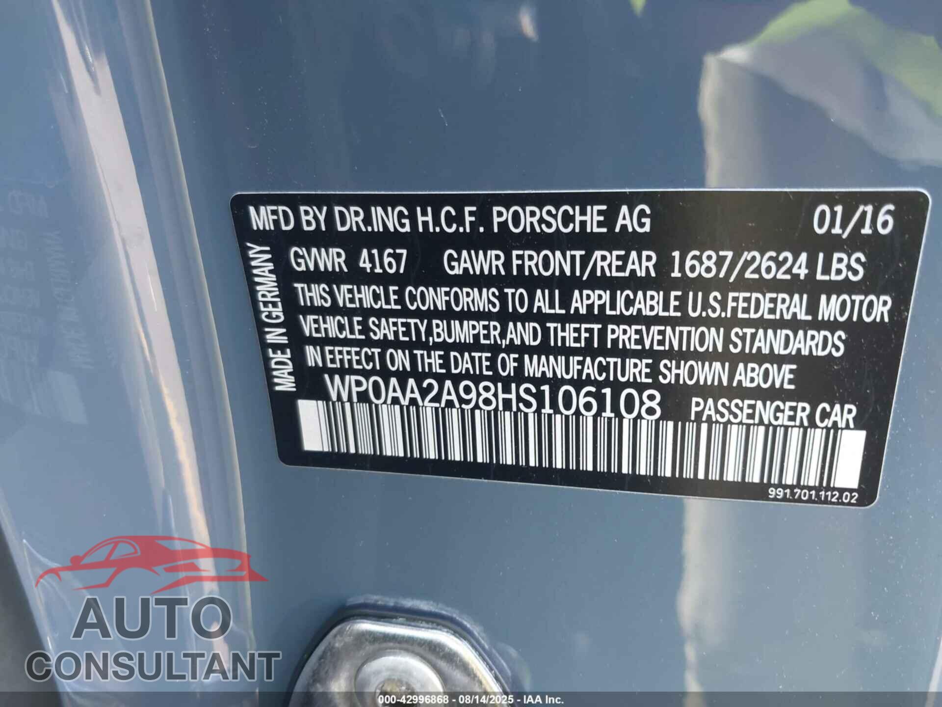 PORSCHE 911 2017 - WP0AA2A98HS106108