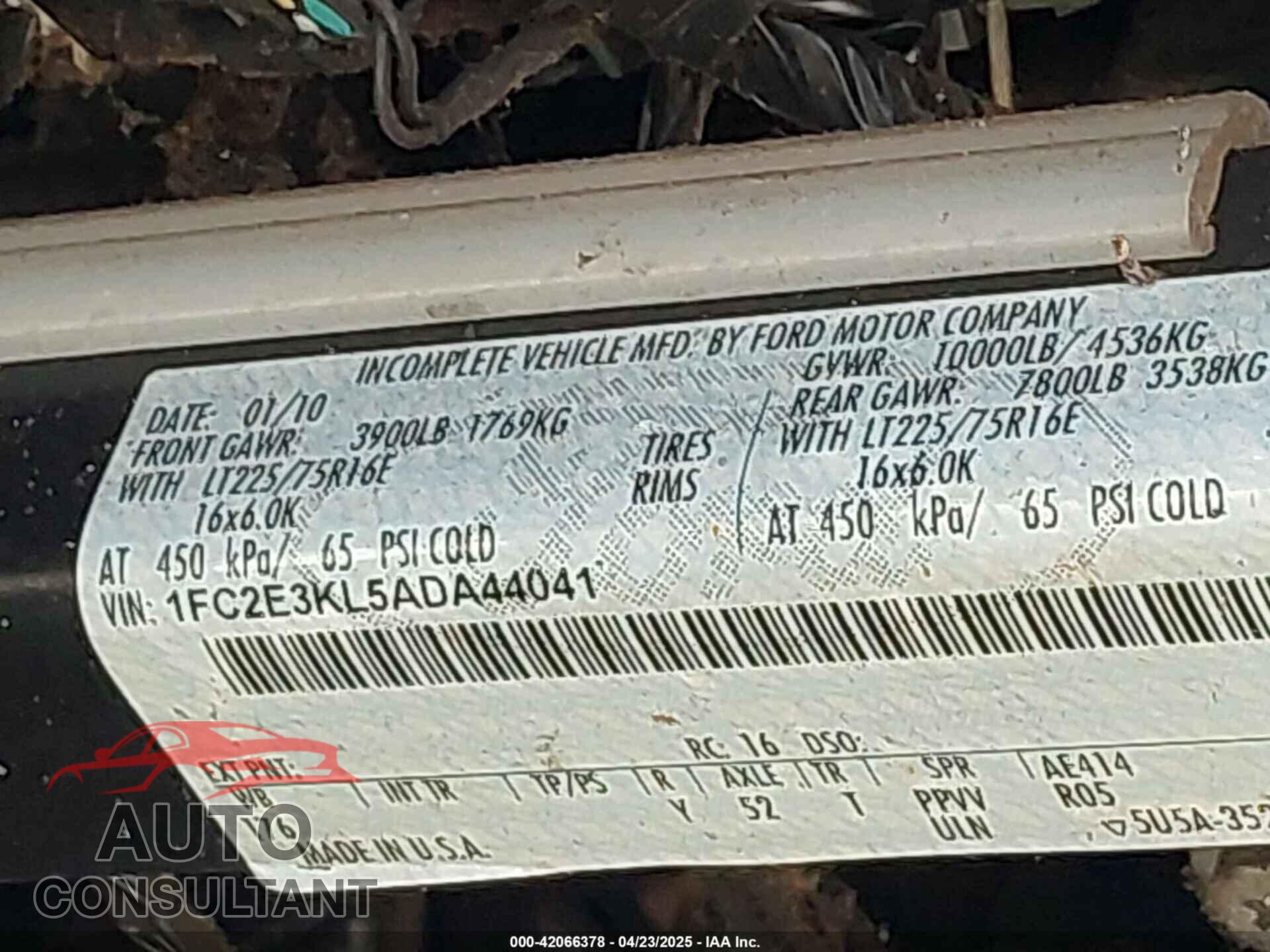 FORD E-350 STRIPPED 2010 - 1FC2E3KL5ADA44041