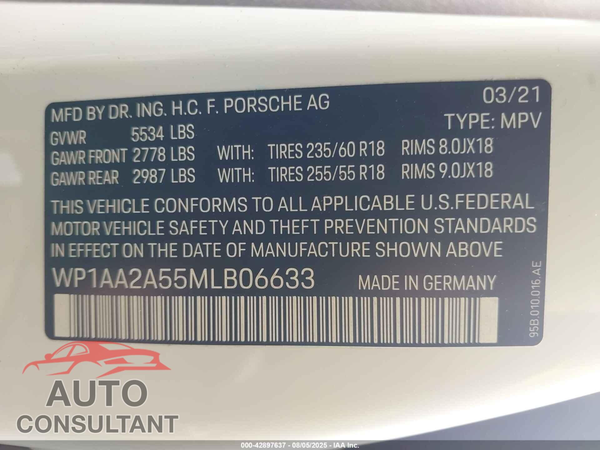 PORSCHE MACAN 2021 - WP1AA2A55MLB06633