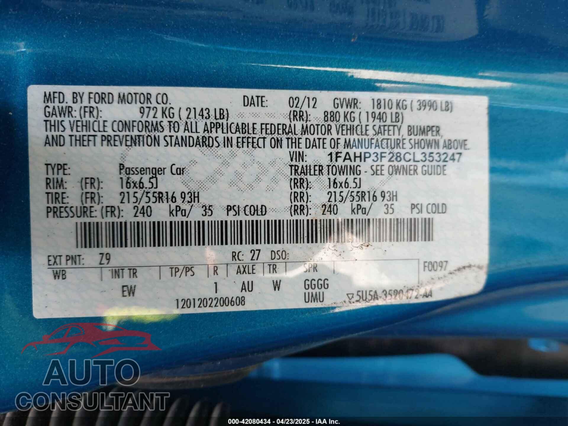 FORD FOCUS 2012 - 1FAHP3F28CL353247