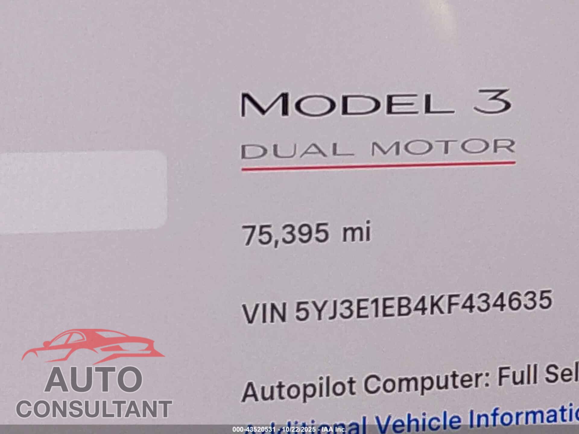 TESLA MODEL 3 2019 - 5YJ3E1EB4KF434635