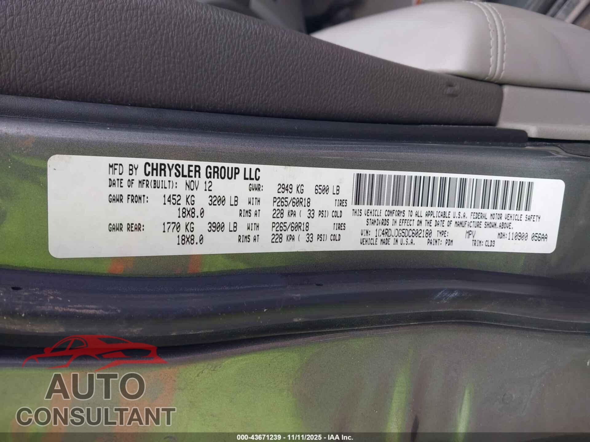 DODGE DURANGO 2013 - 1C4RDJDG5DC602180