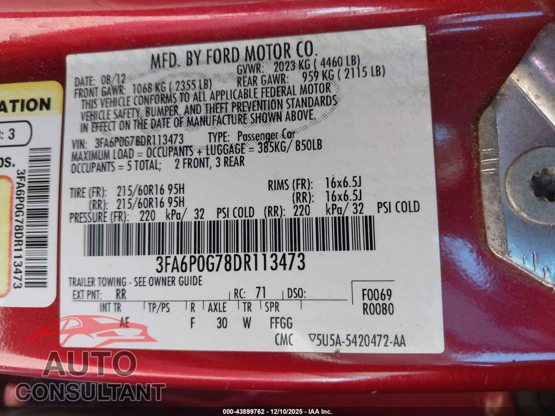 FORD FUSION 2013 - 3FA6P0G78DR113473