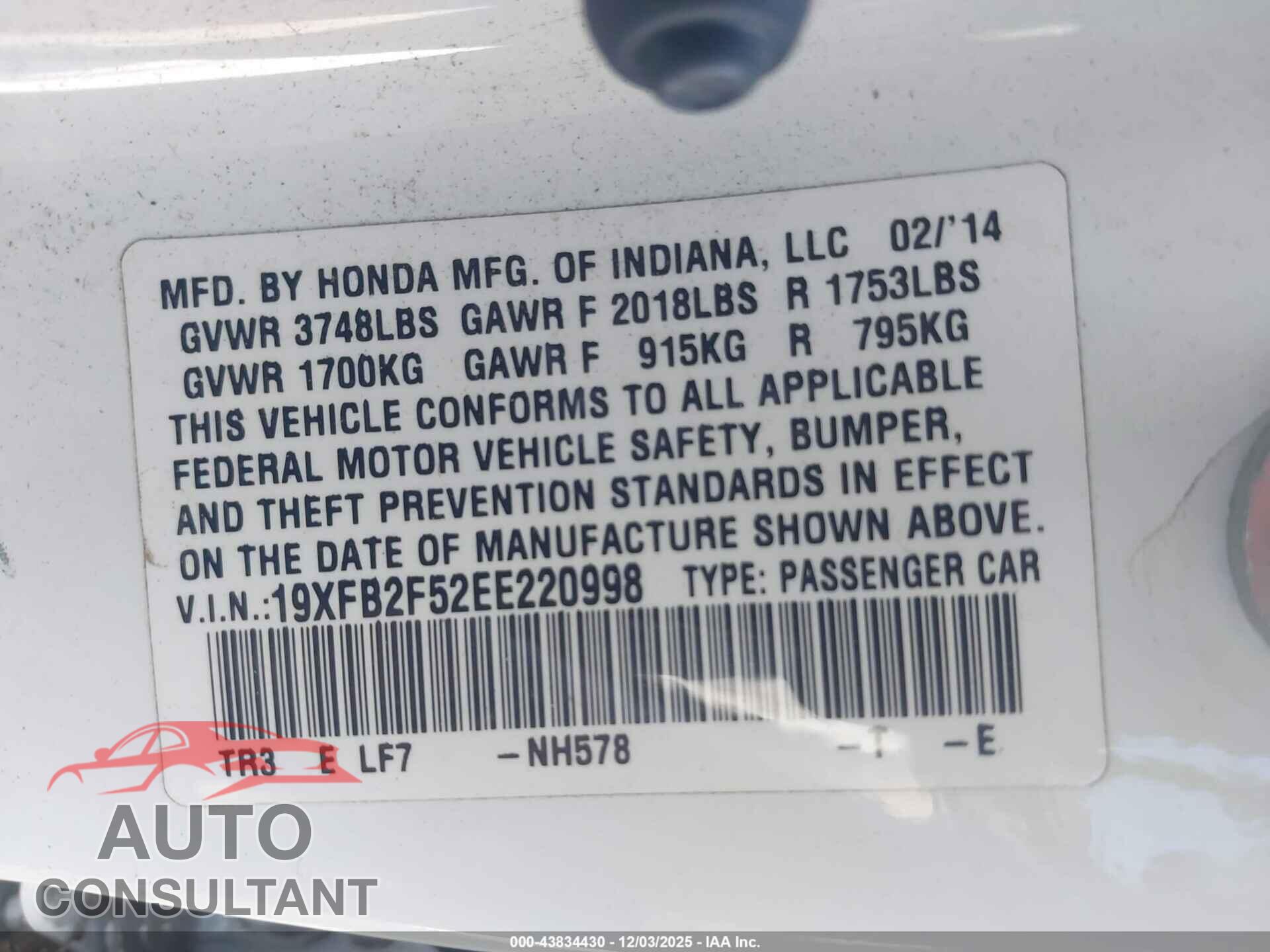 HONDA CIVIC 2014 - 19XFB2F52EE220998