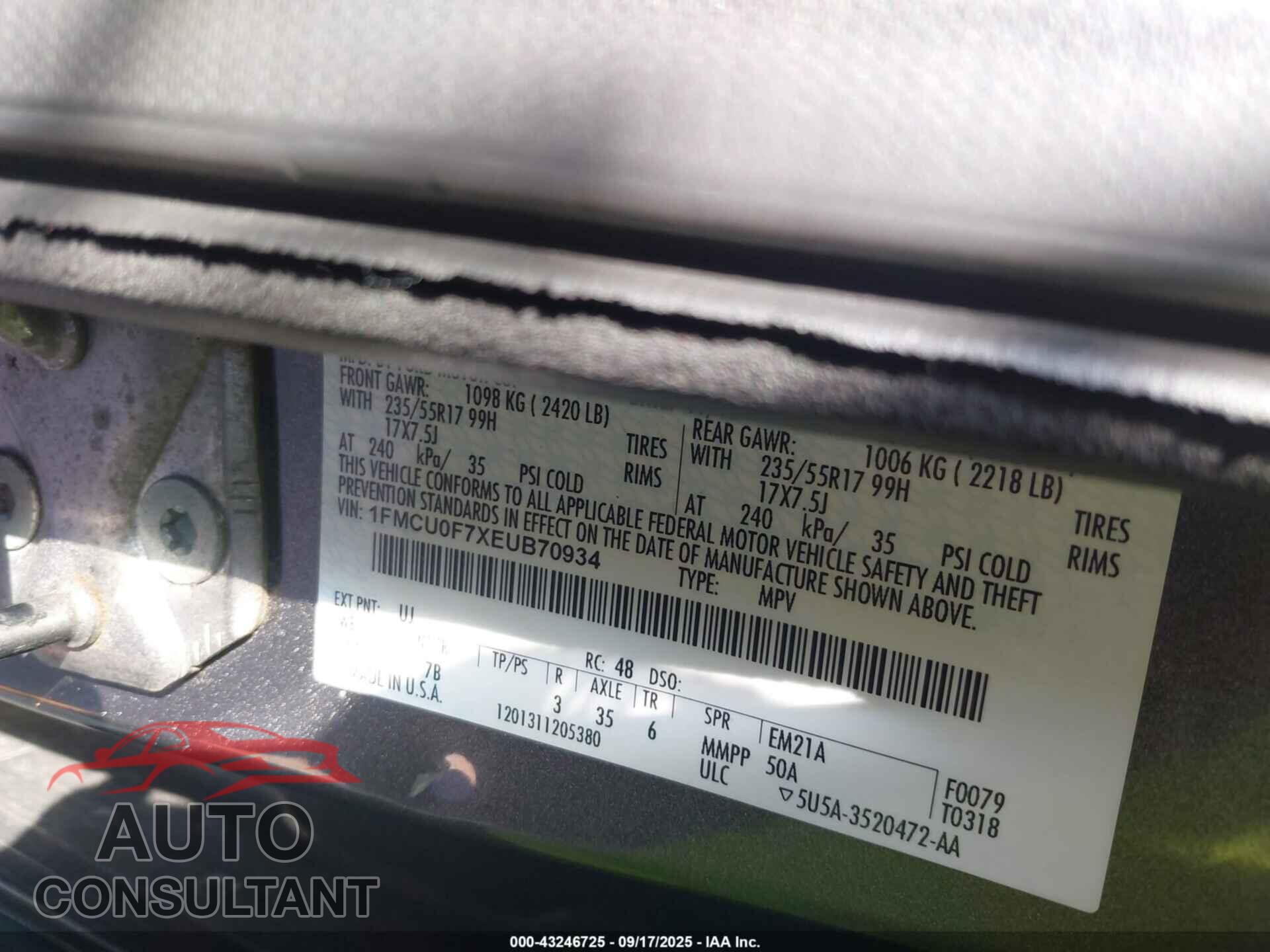 FORD ESCAPE 2014 - 1FMCU0F7XEUB70934