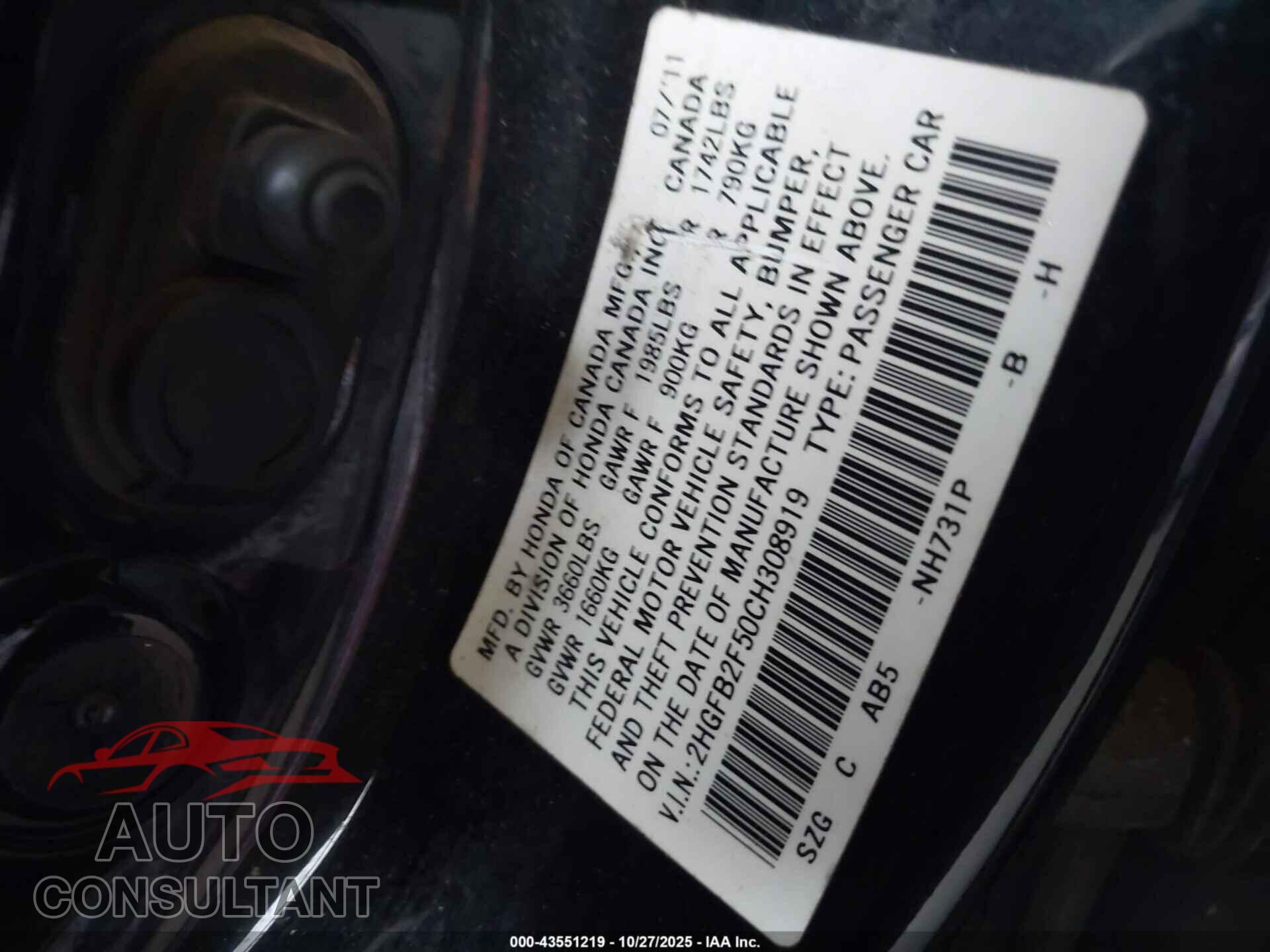 HONDA CIVIC 2012 - 2HGFB2F50CH308919