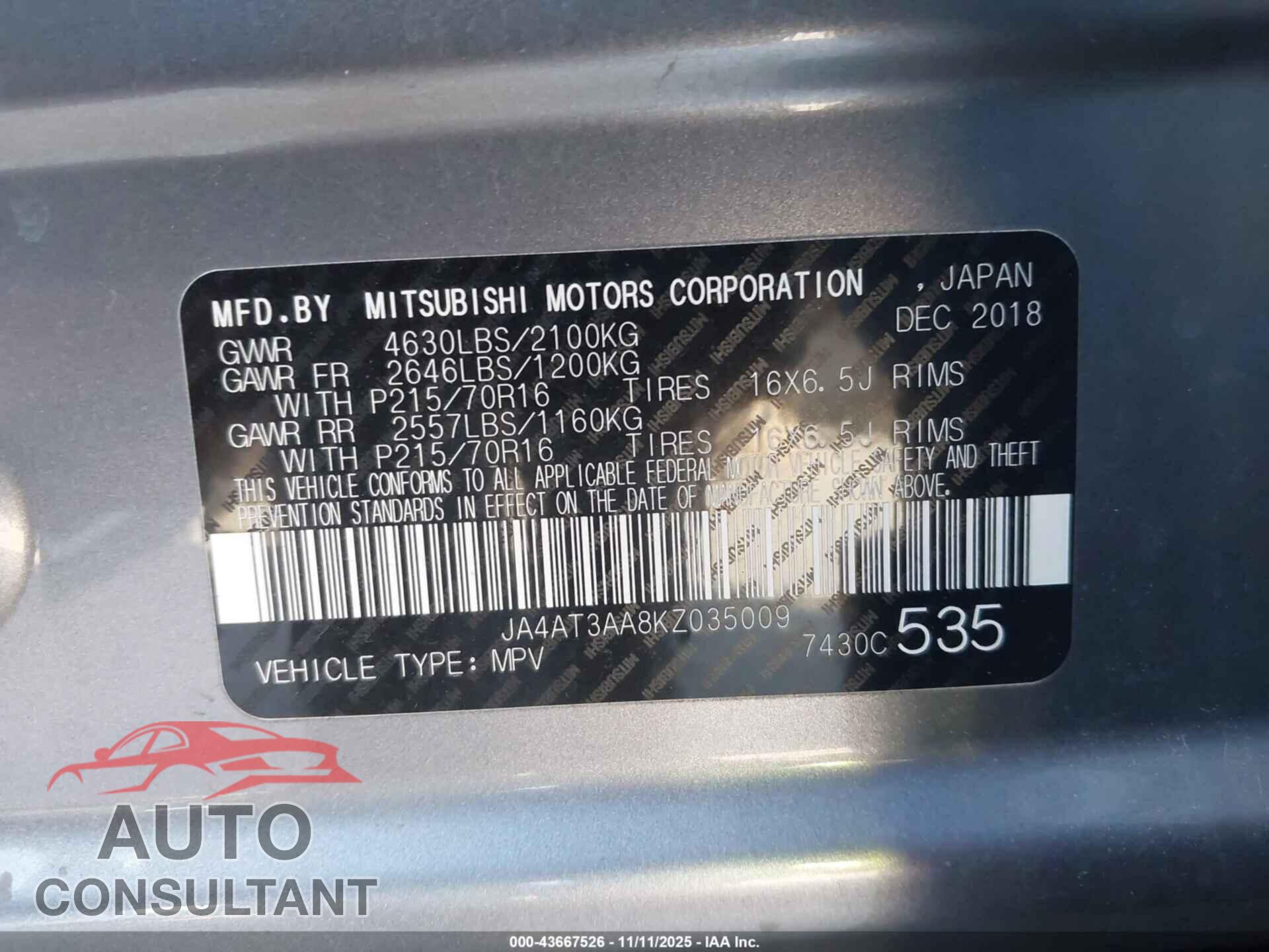 MITSUBISHI ECLIPSE CROSS 2019 - JA4AT3AA8KZ035009