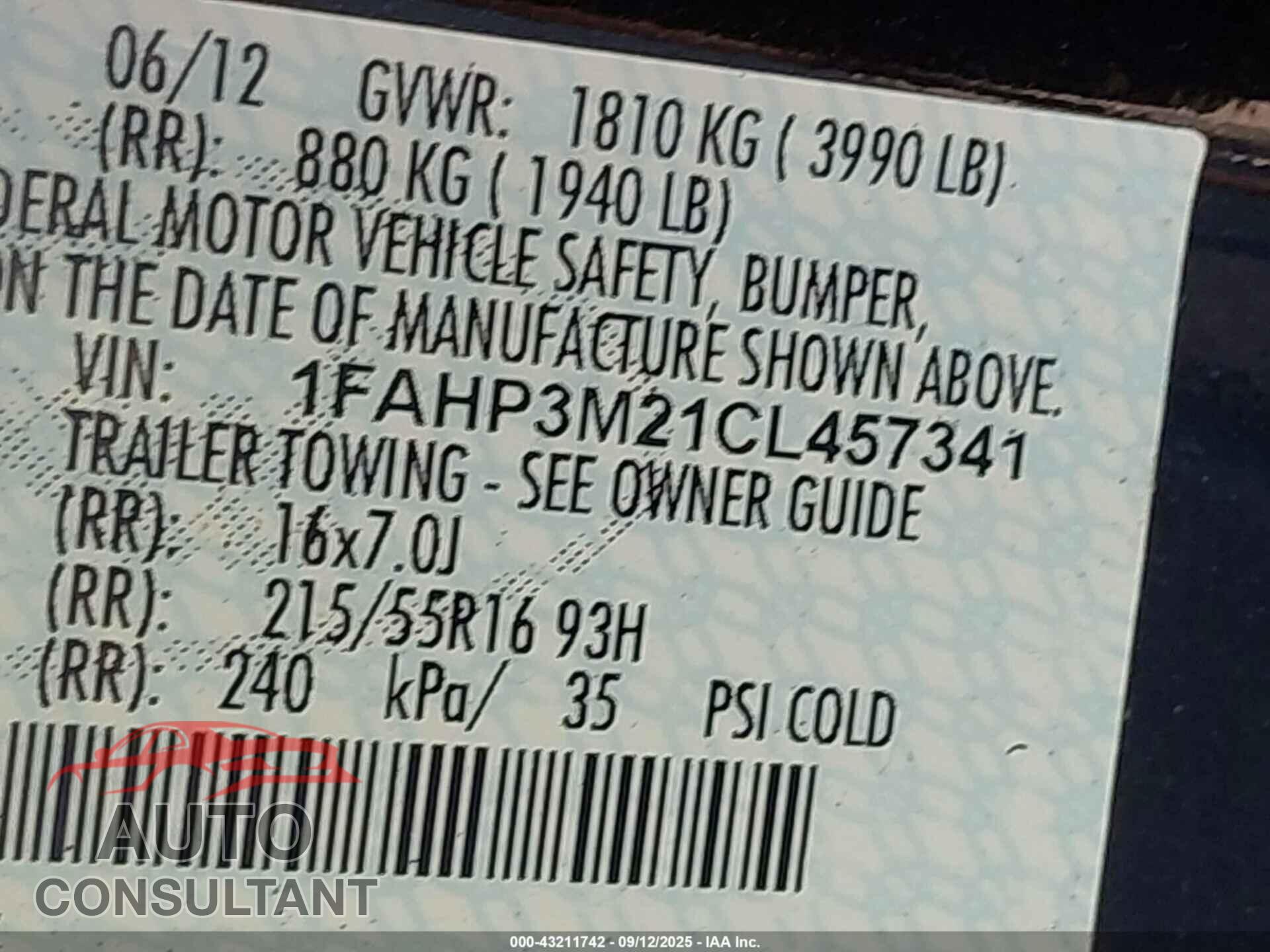 FORD FOCUS 2012 - 1FAHP3M21CL457341