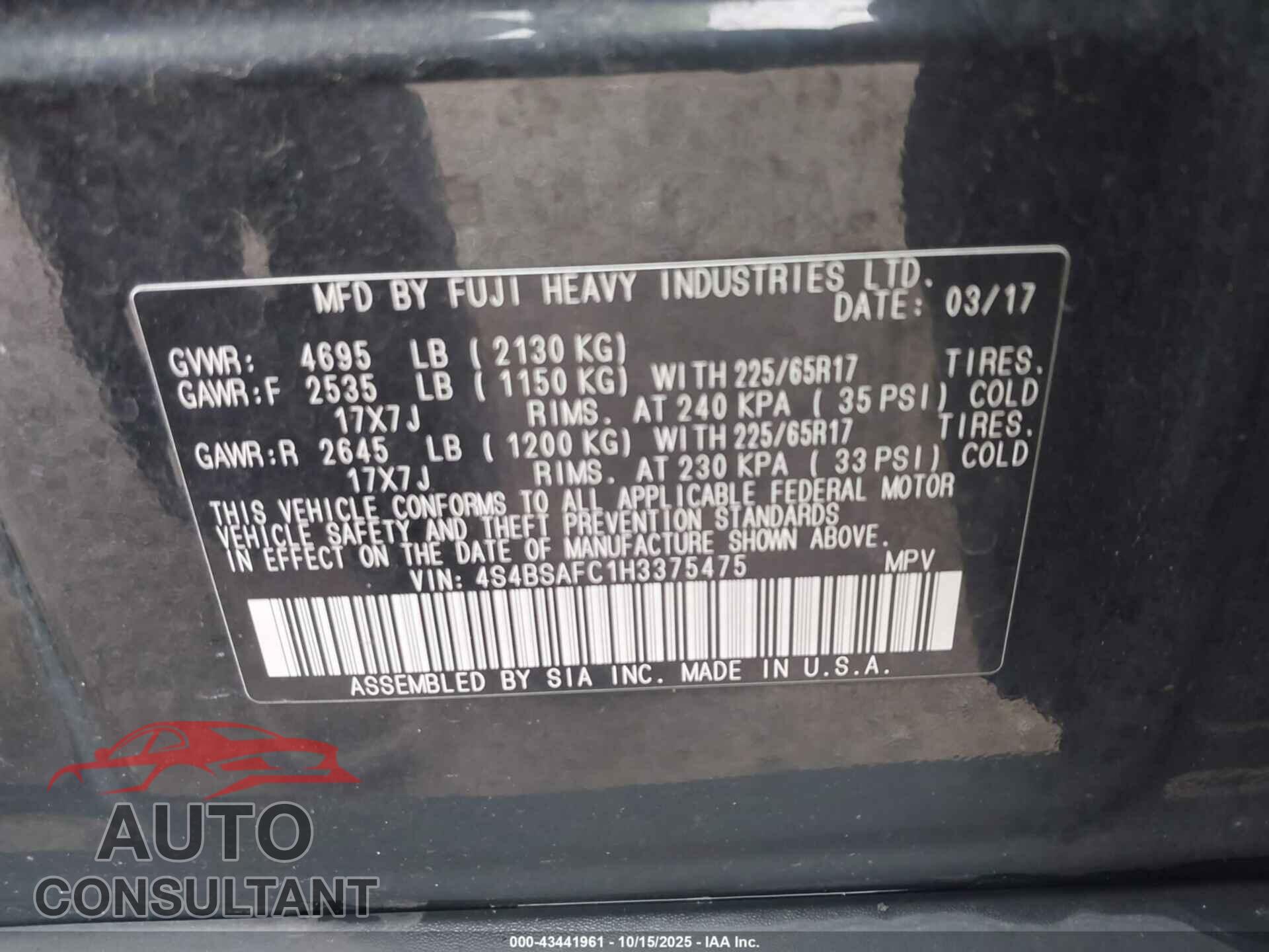 SUBARU OUTBACK 2017 - 4S4BSAFC1H3375475