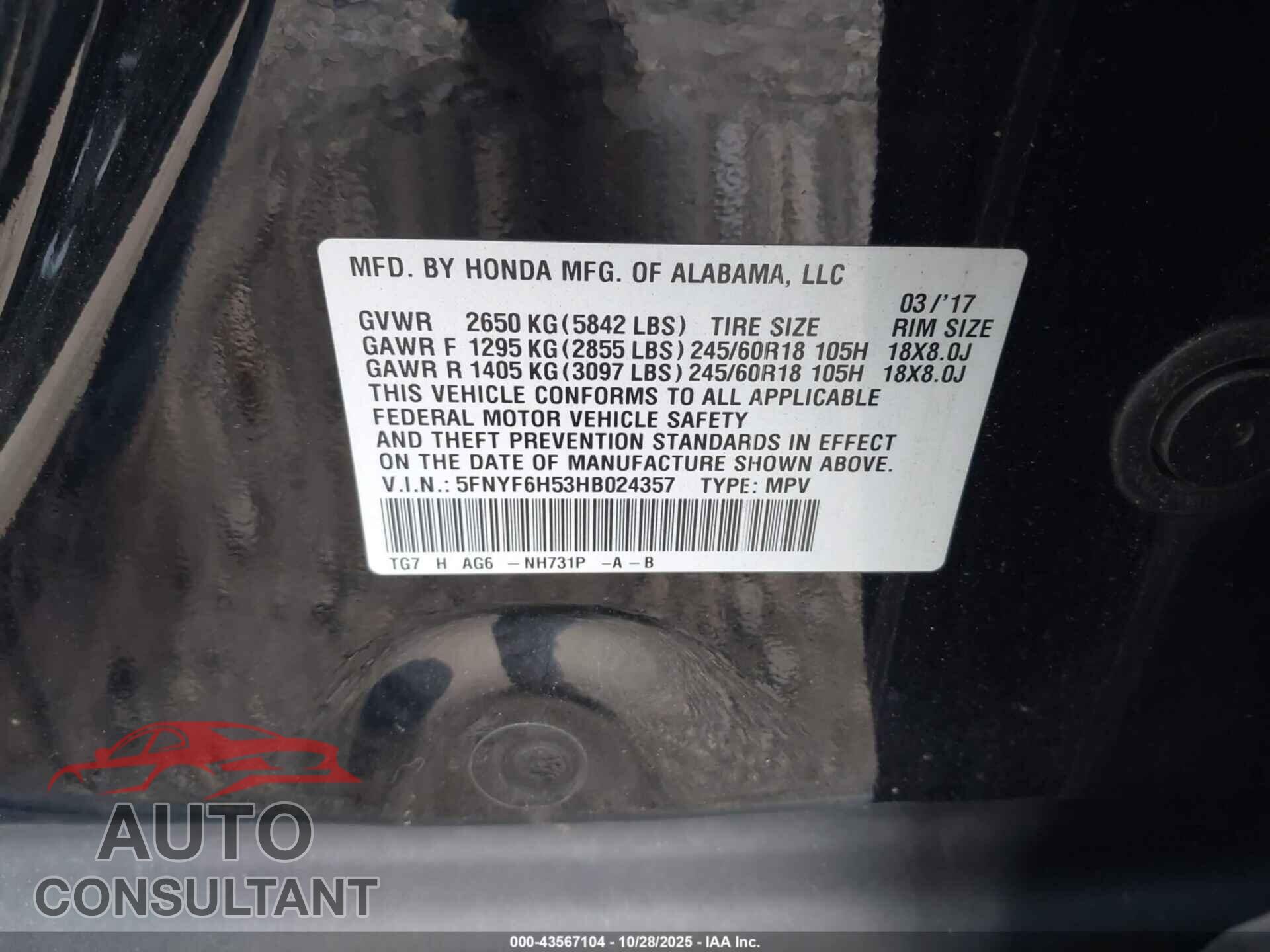 HONDA PILOT 2017 - 5FNYF6H53HB024357