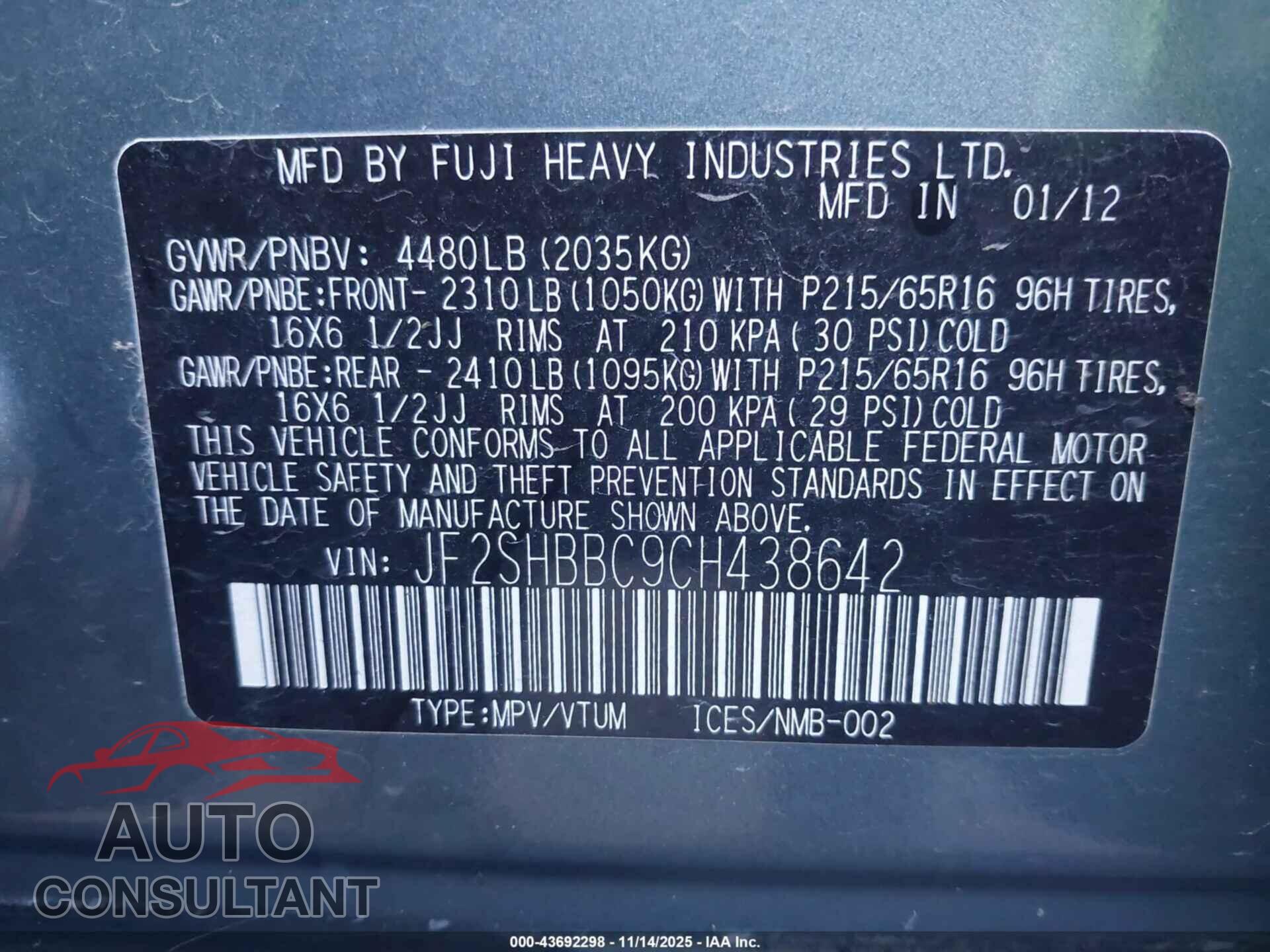 SUBARU FORESTER 2012 - JF2SHBBC9CH438642
