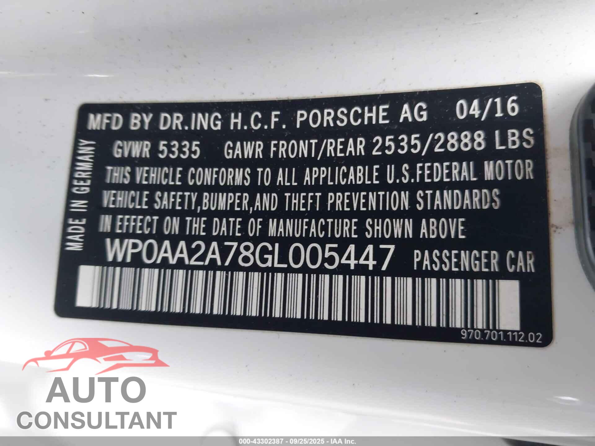 PORSCHE PANAMERA 2016 - WP0AA2A78GL005447