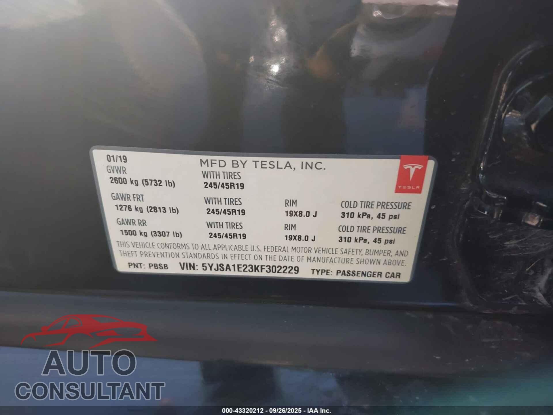 TESLA MODEL S 2019 - 5YJSA1E23KF302229