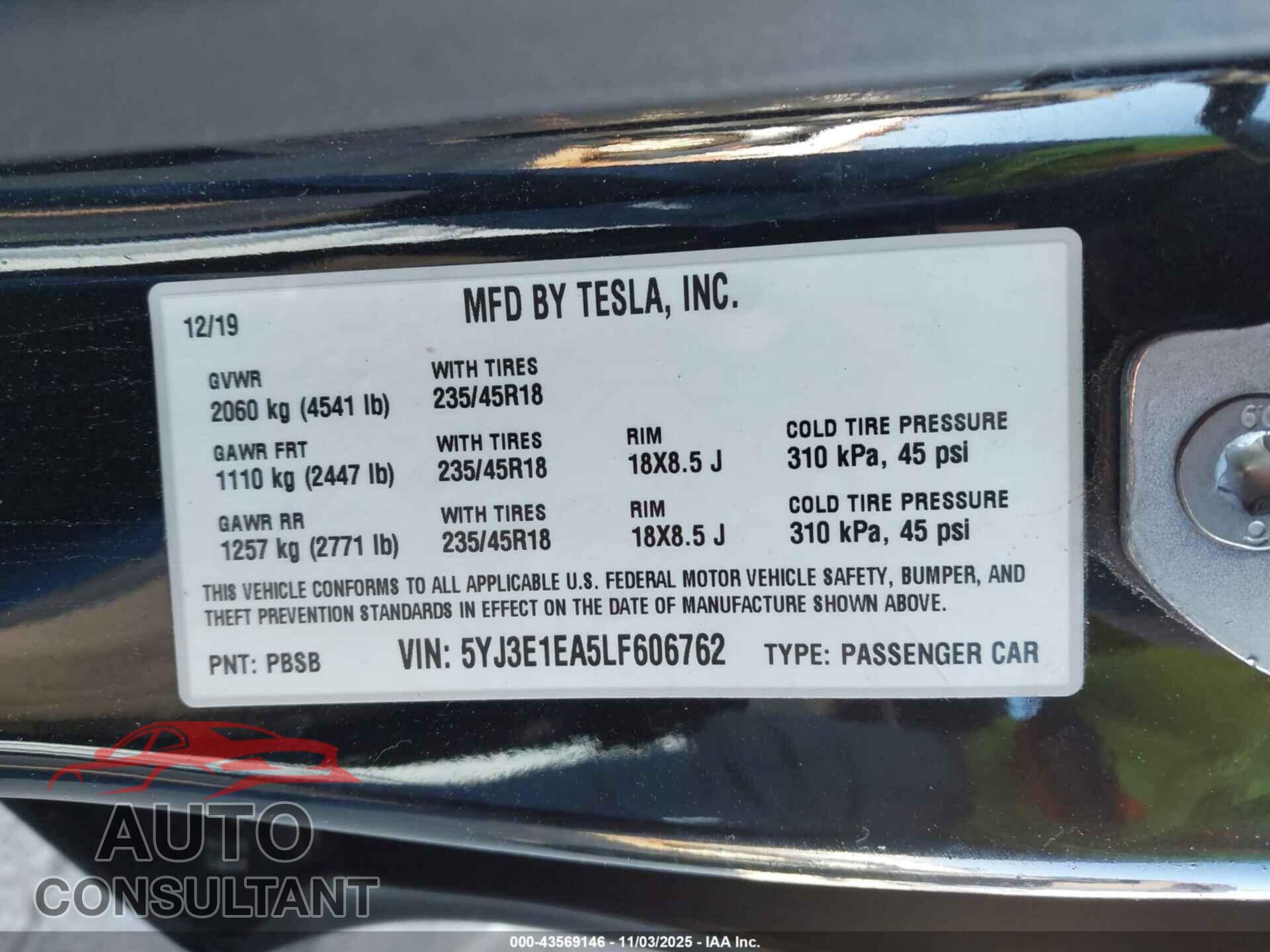 TESLA MODEL 3 2020 - 5YJ3E1EA5LF606762