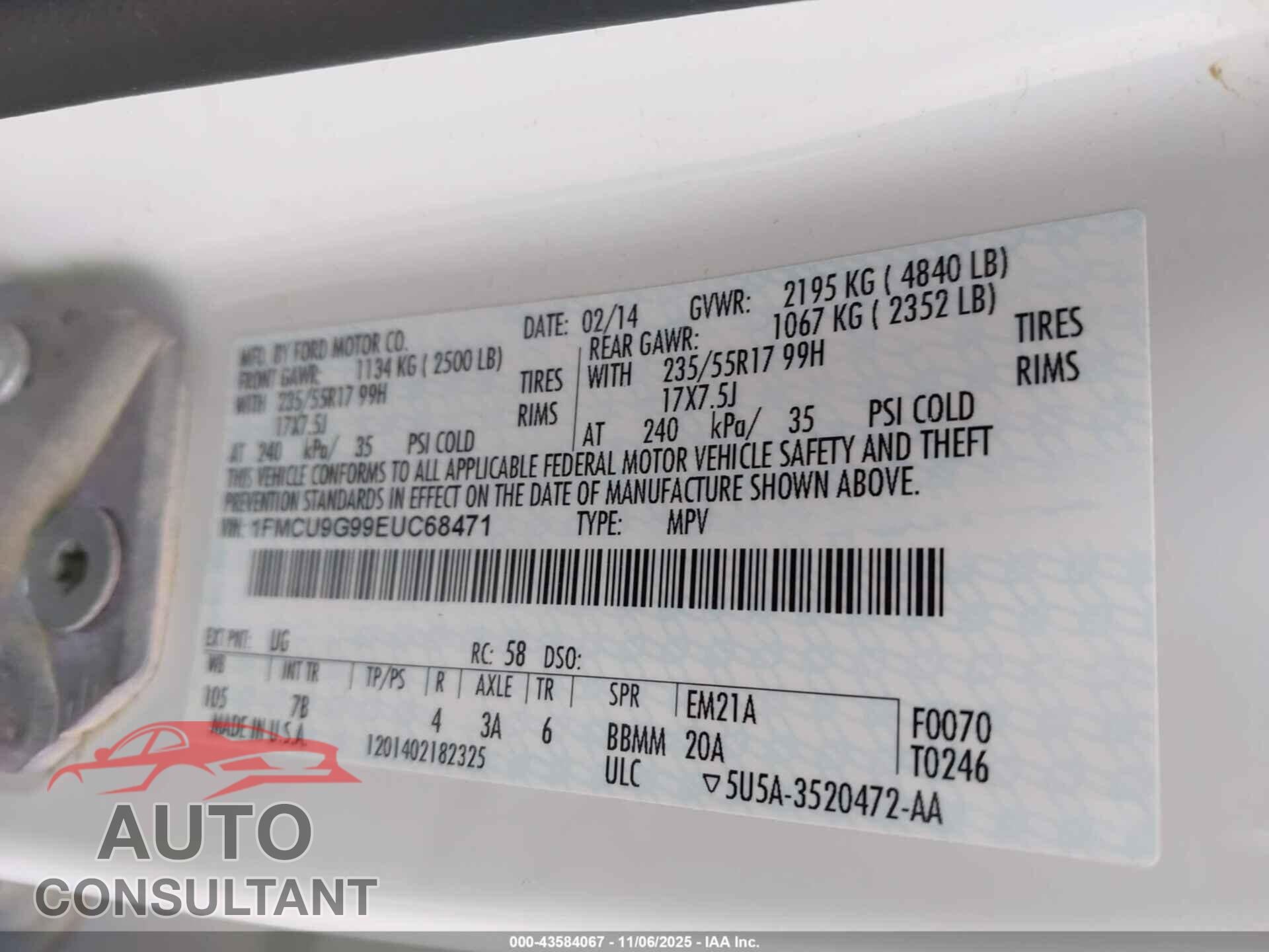FORD ESCAPE 2014 - 1FMCU9G99EUC68471