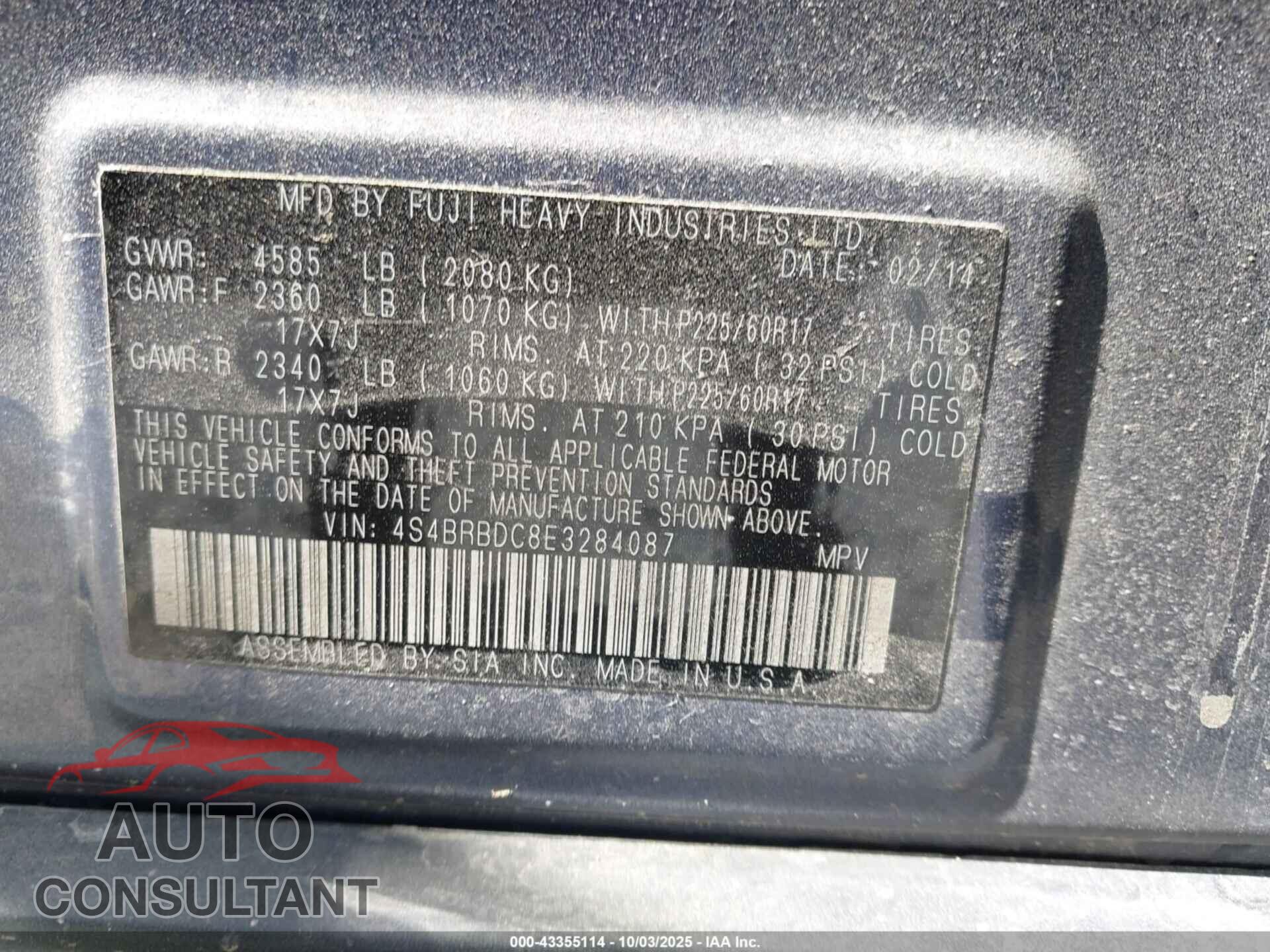 SUBARU OUTBACK 2014 - 4S4BRBDC8E3284087