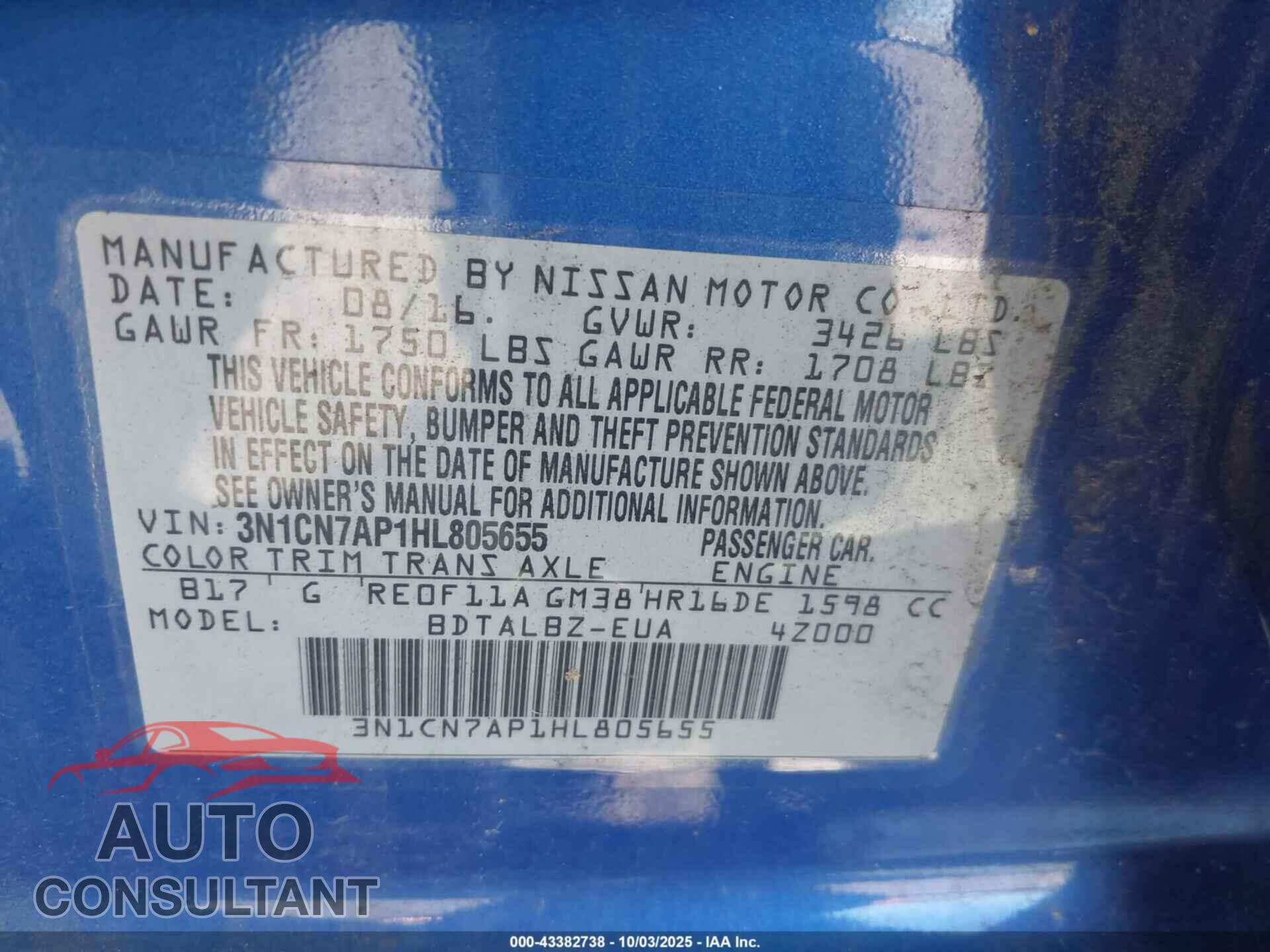 NISSAN VERSA 2017 - 3N1CN7AP1HL805655