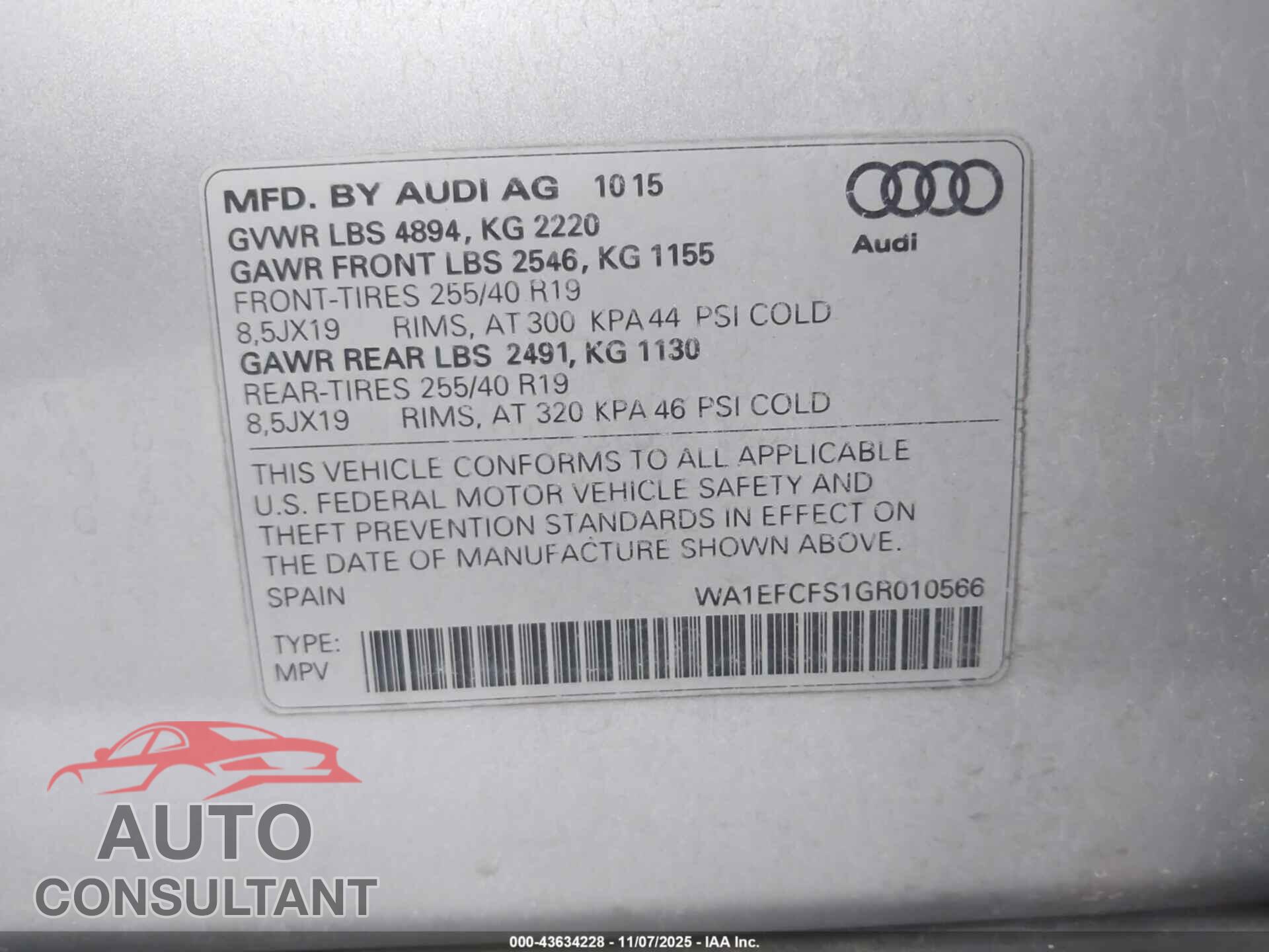 AUDI Q3 2016 - WA1EFCFS1GR010566