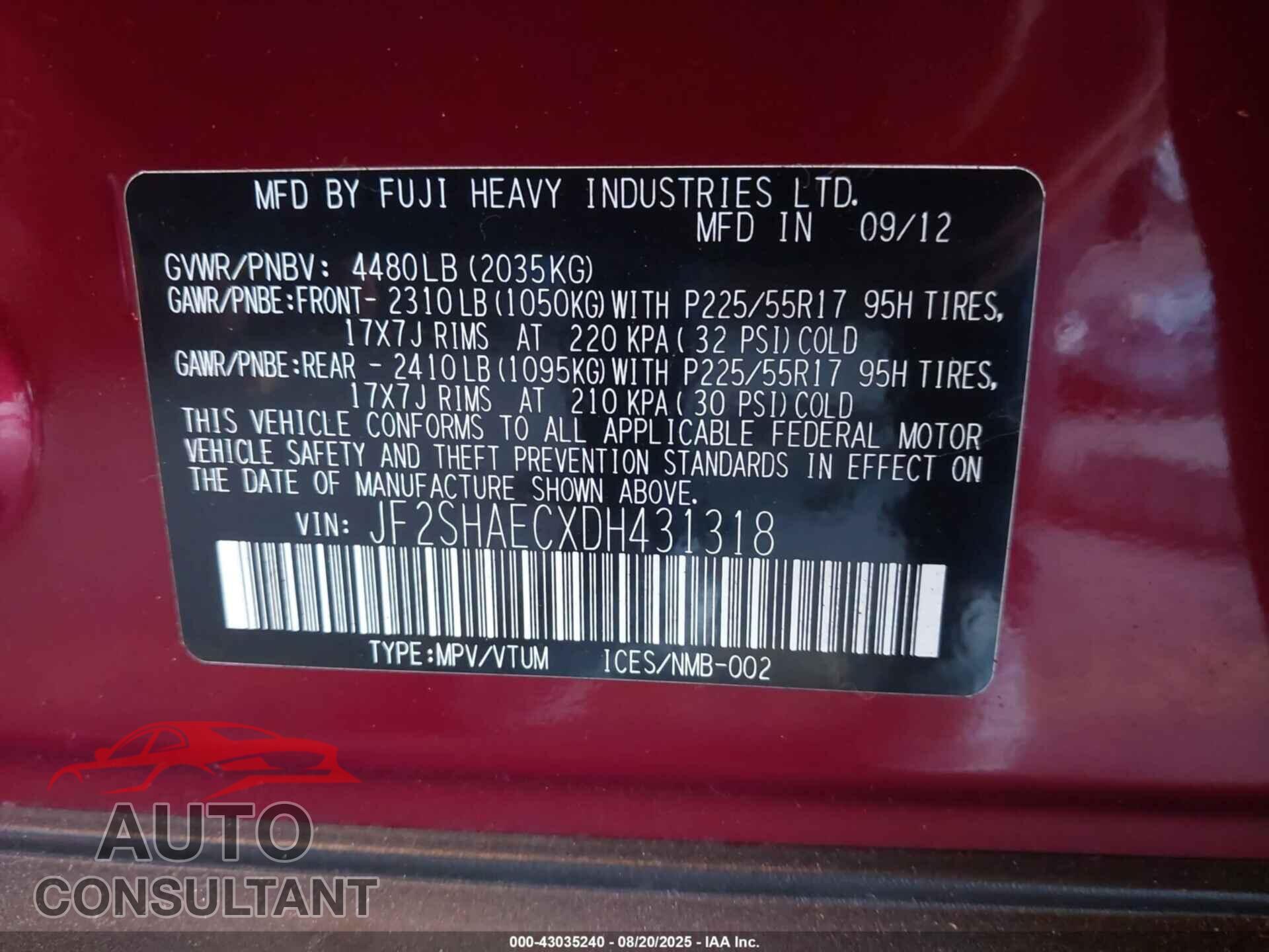 SUBARU FORESTER 2013 - JF2SHAECXDH431318