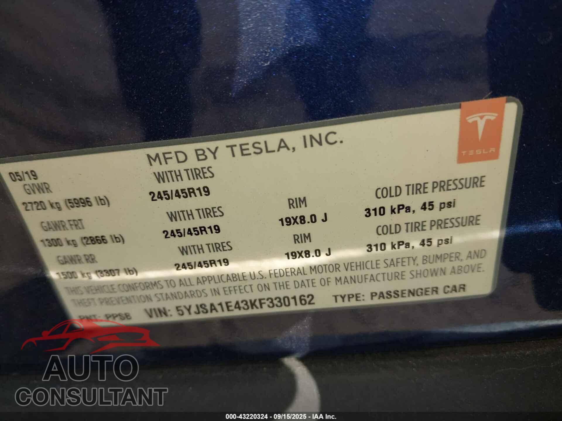 TESLA MODEL S 2019 - 5YJSA1E43KF330162