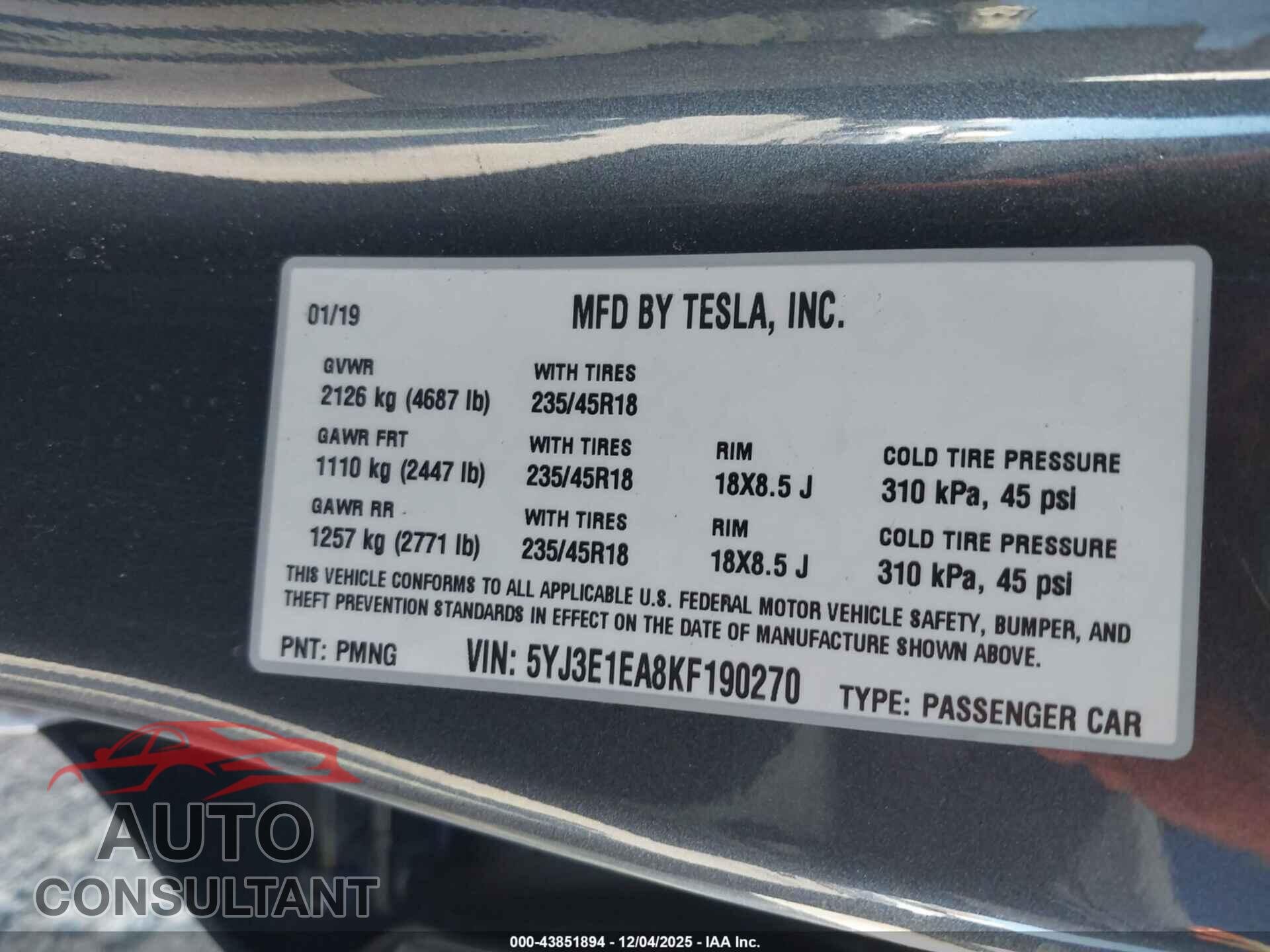TESLA MODEL 3 2019 - 5YJ3E1EA8KF190270