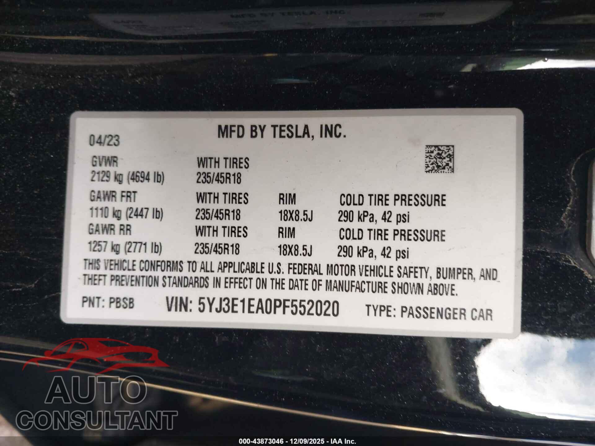 TESLA MODEL 3 2023 - 5YJ3E1EA0PF552020