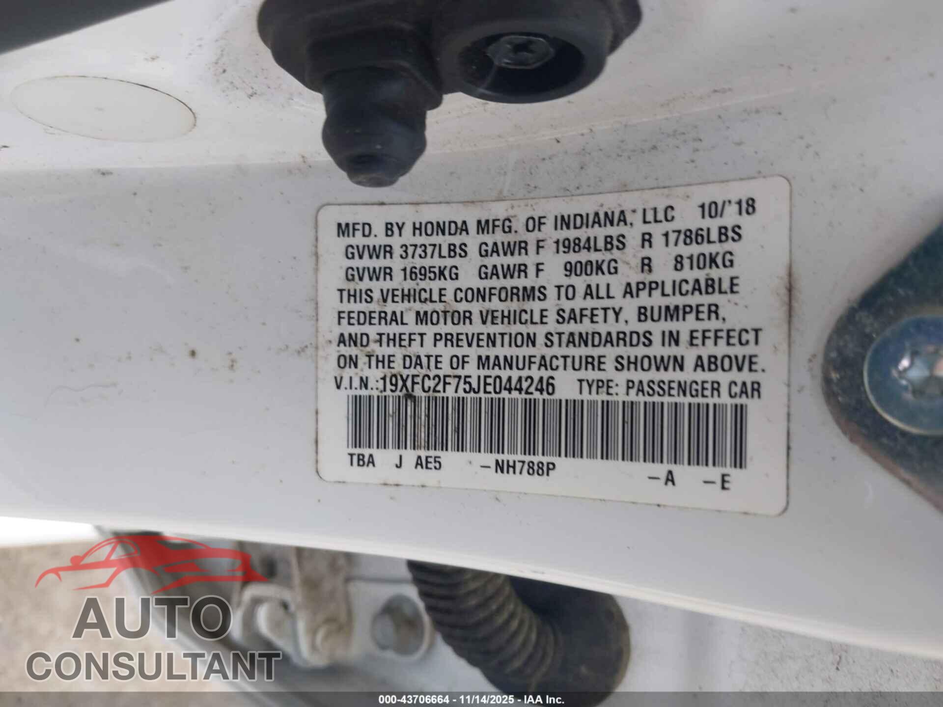 HONDA CIVIC 2018 - 19XFC2F75JE044246