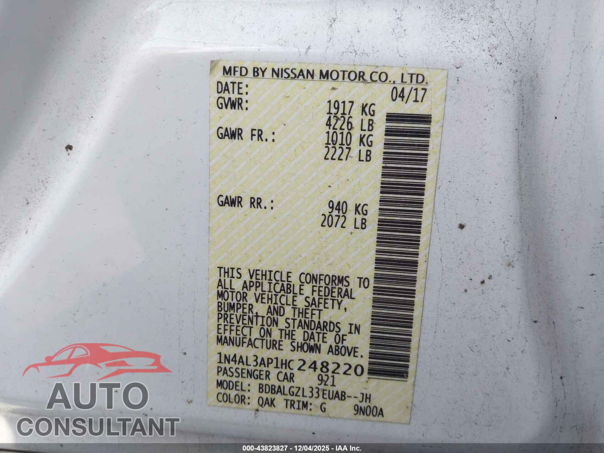 NISSAN ALTIMA 2017 - 1N4AL3AP1HC248220