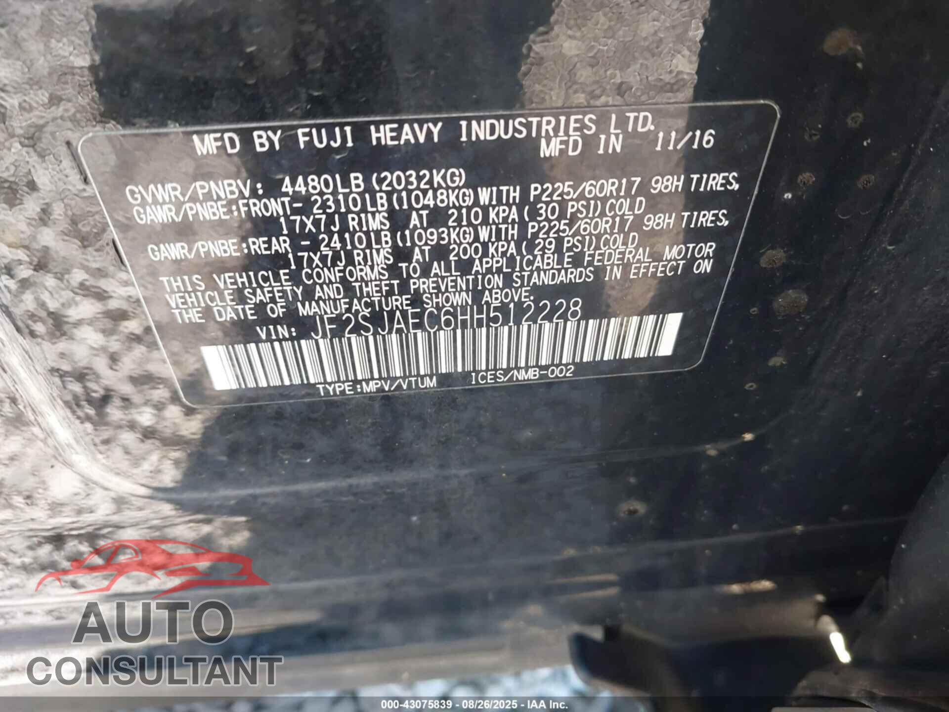 SUBARU FORESTER 2017 - JF2SJAEC6HH512228