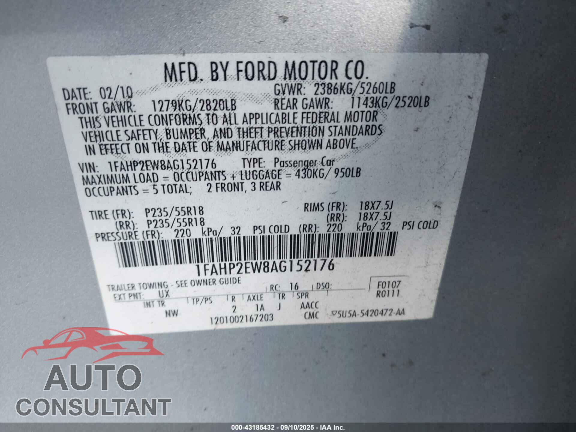 FORD TAURUS 2010 - 1FAHP2EW8AG152176