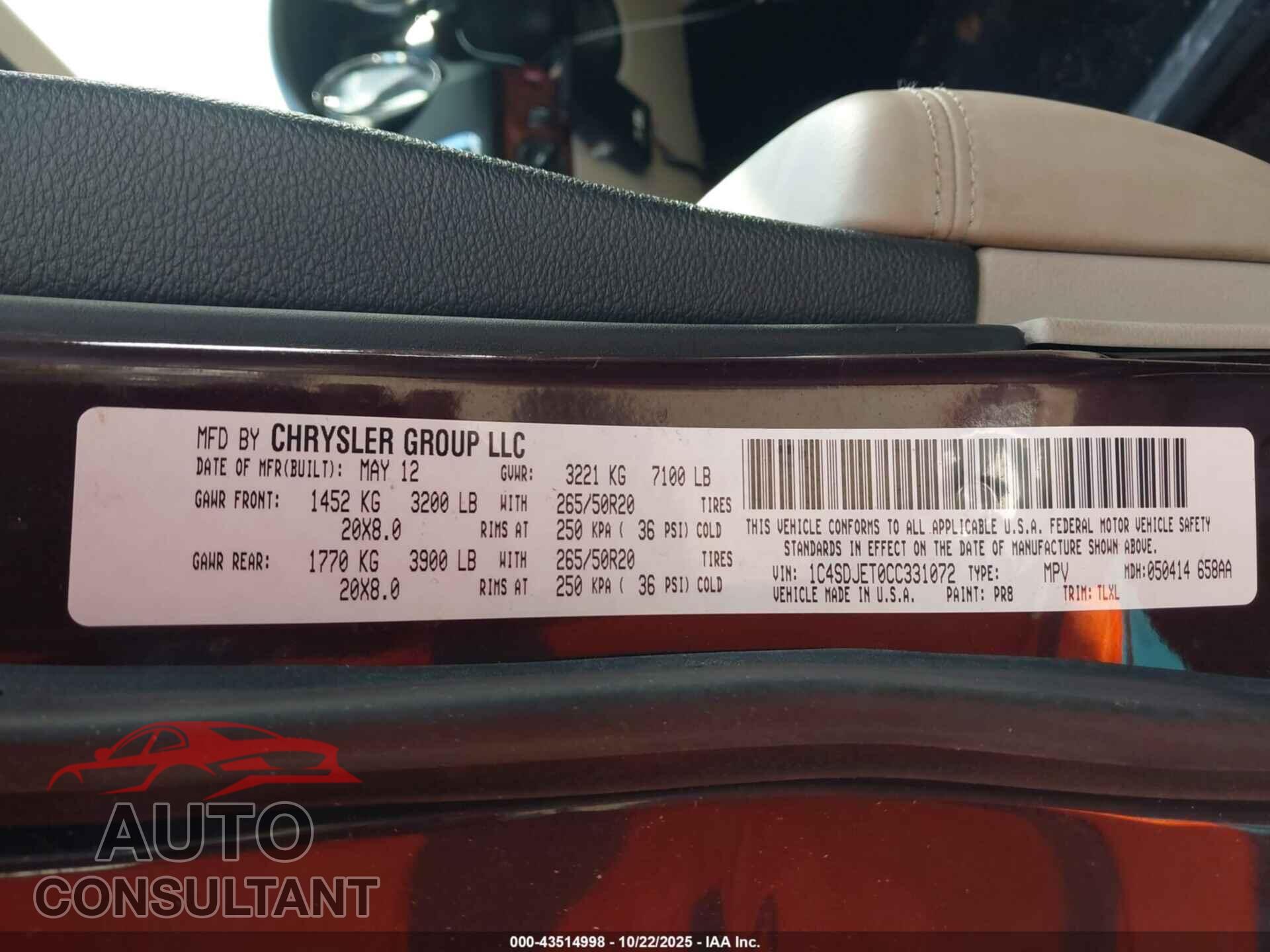 DODGE DURANGO 2012 - 1C4SDJET0CC331072