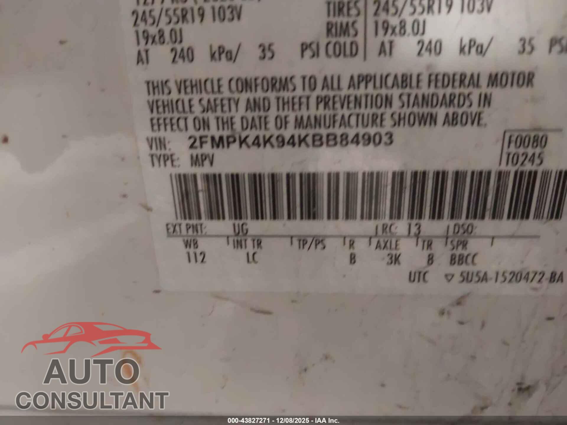 FORD EDGE 2019 - 2FMPK4K94KBB84903
