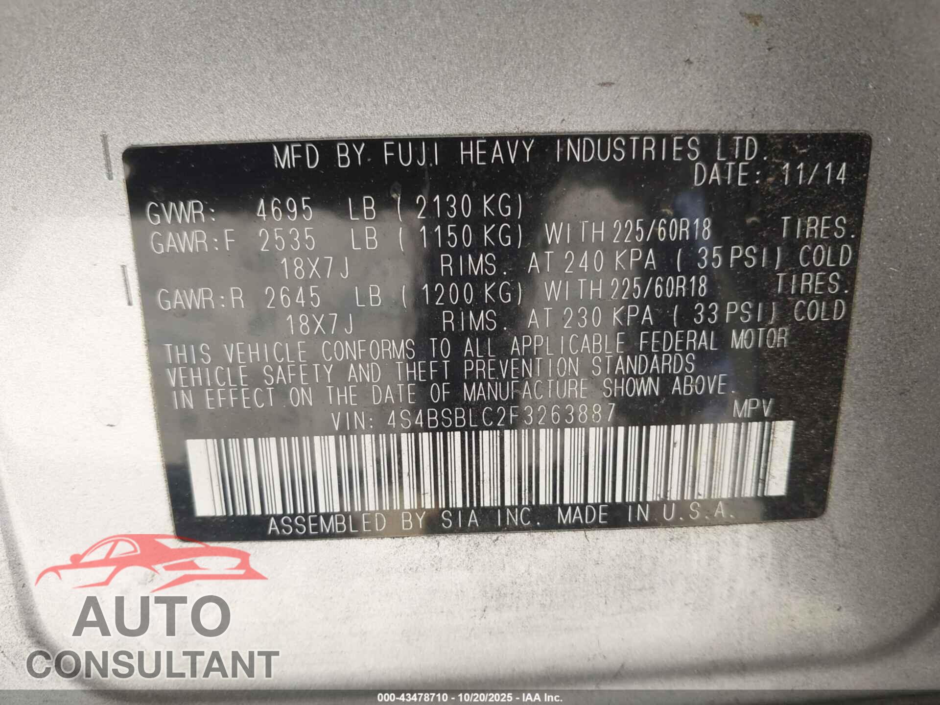 SUBARU OUTBACK 2015 - 4S4BSBLC2F3263887