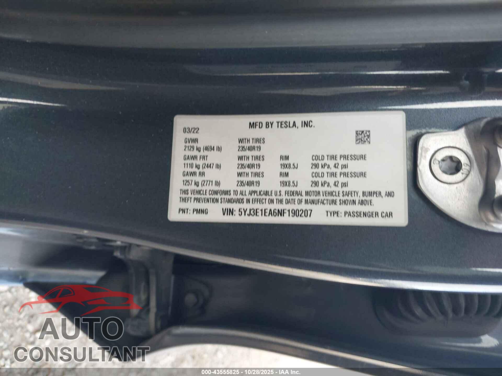TESLA MODEL 3 2022 - 5YJ3E1EA6NF190207