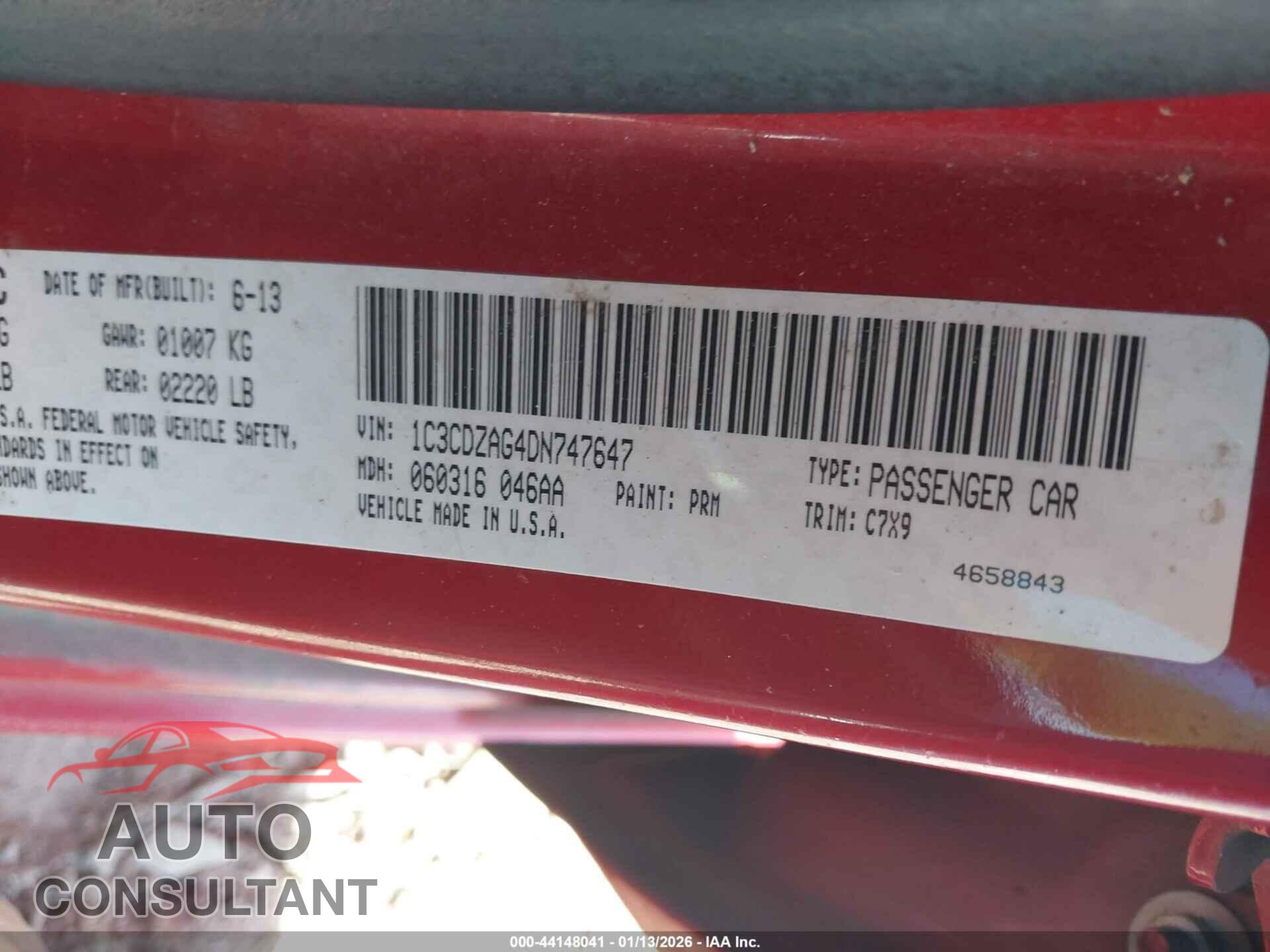 DODGE AVENGER 2013 - 1C3CDZAG4DN747647