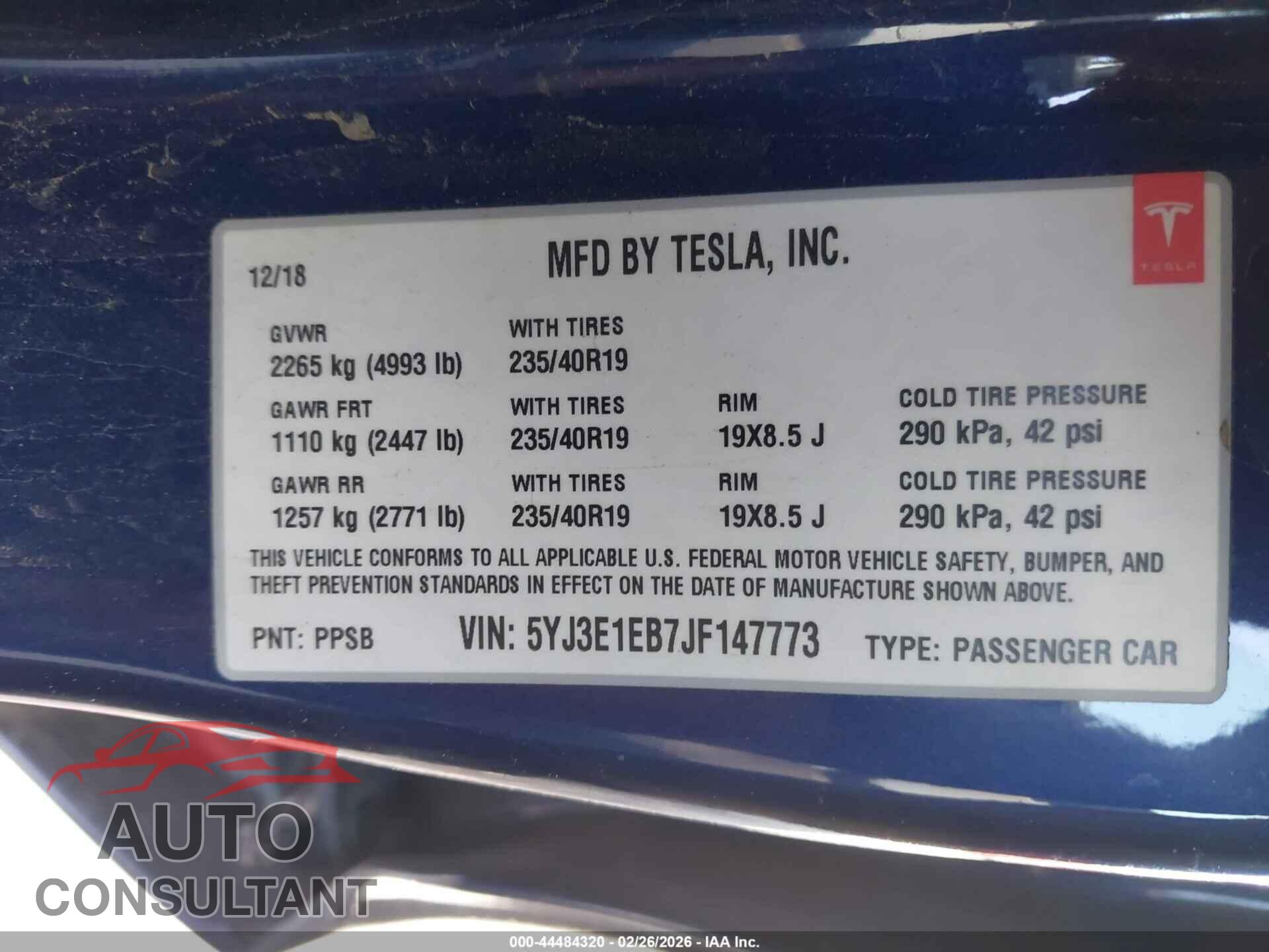 TESLA MODEL 3 2018 - 5YJ3E1EB7JF147773