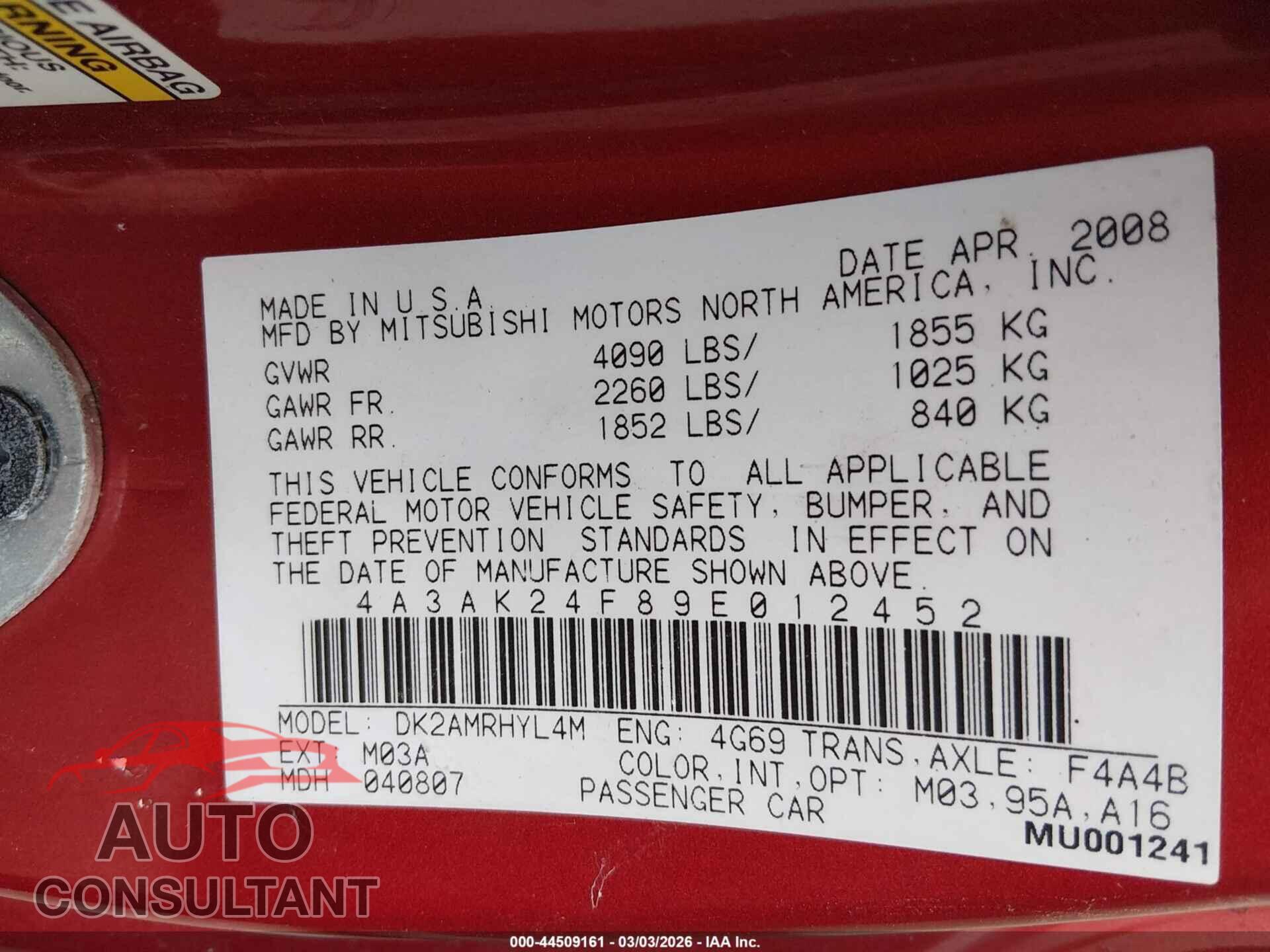 MITSUBISHI ECLIPSE 2009 - 4A3AK24F89E012452