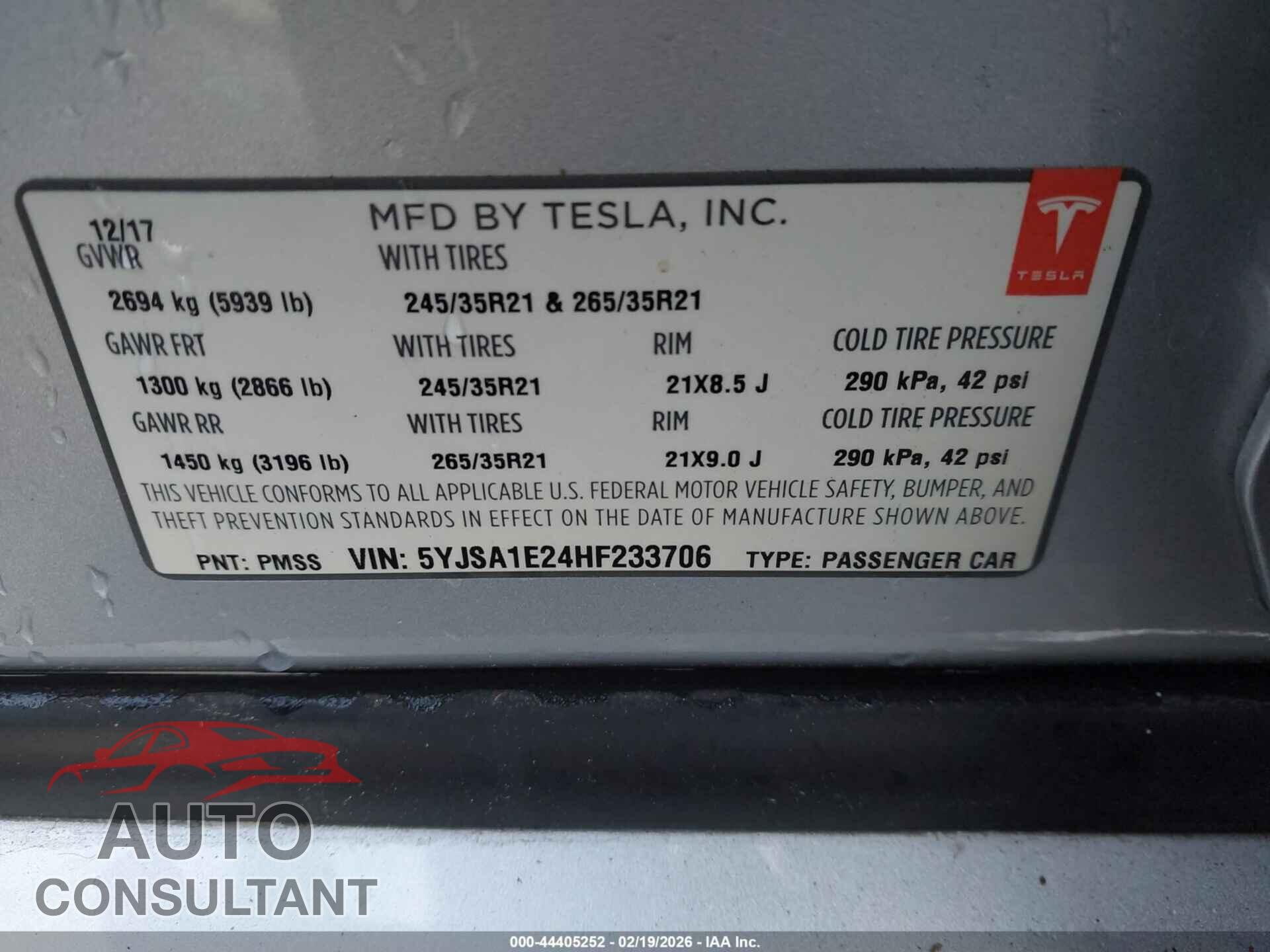 TESLA MODEL S 2017 - 5YJSA1E24HF233706